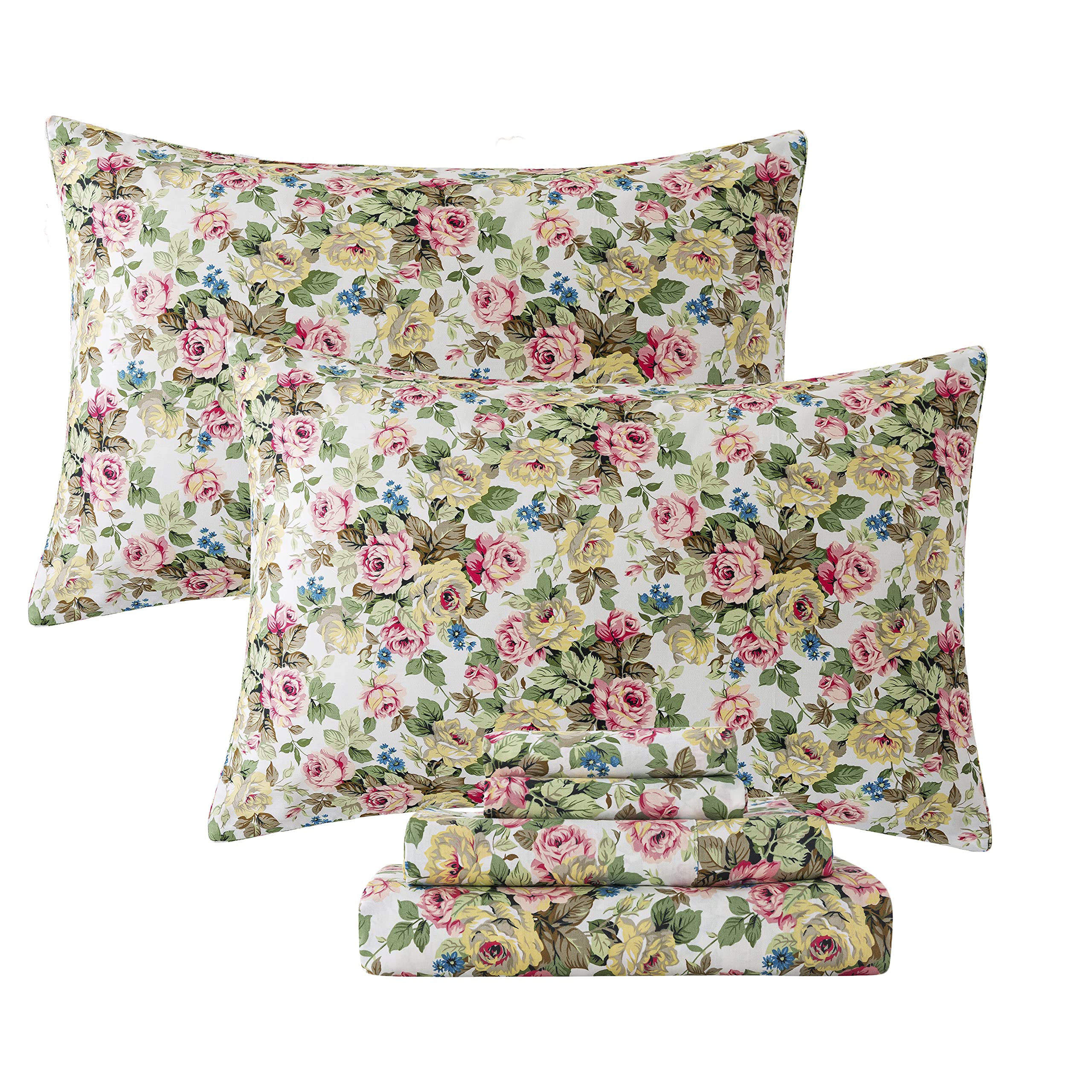 FADFAY 100% Cotton Queen Size Bedding Set - 4Pcs Vintage French Country Floral Sheets with Deep Pocket Fitted Sheet | Romantic Rose & Shabby Chic Farmhouse Design for Girls Bedroom & Guest Room Decor