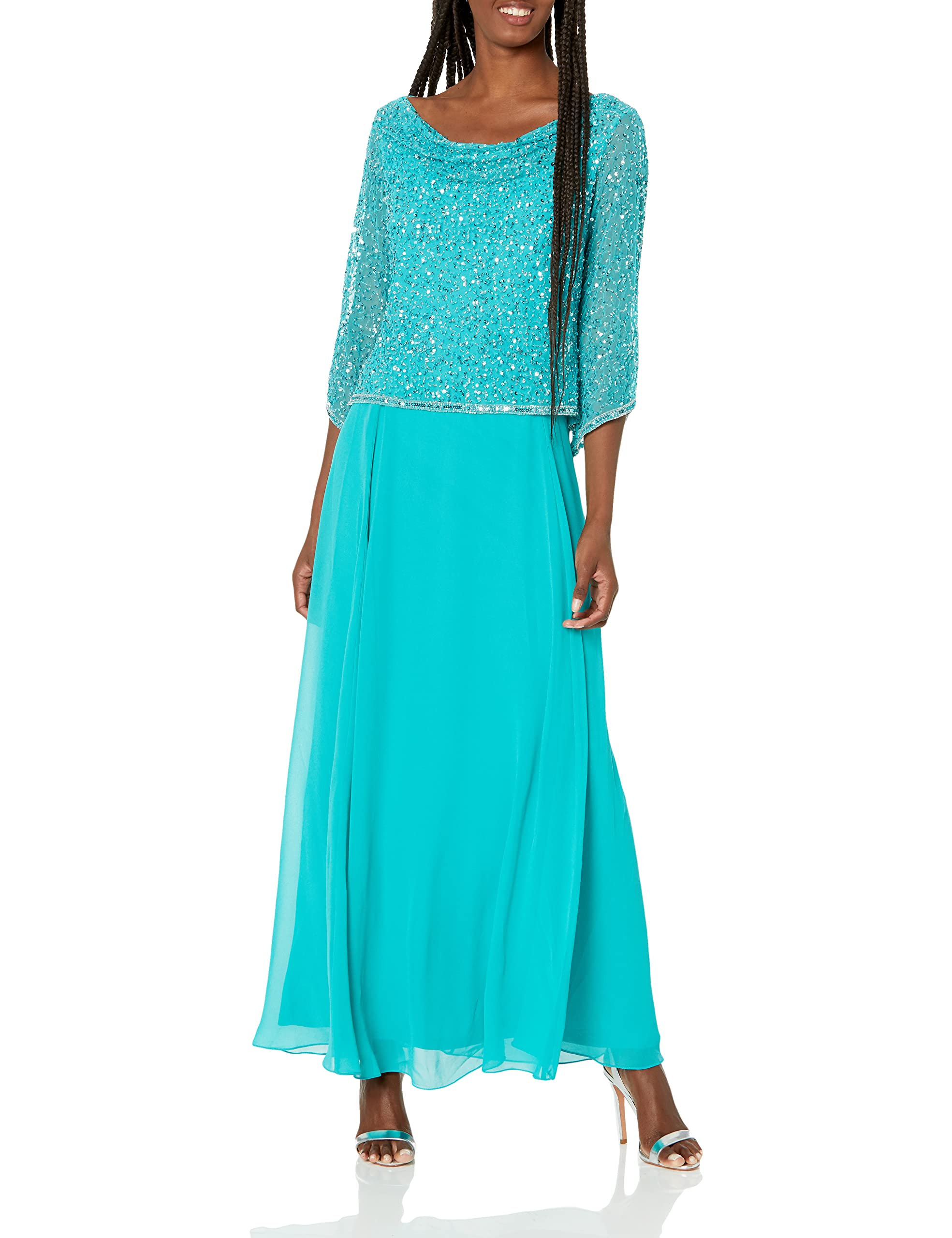 J Kara Women's Long Beaded Evening Dress with Cowl Neck - Elegant Formal Gown for Weddings, Parties & Special Occasions