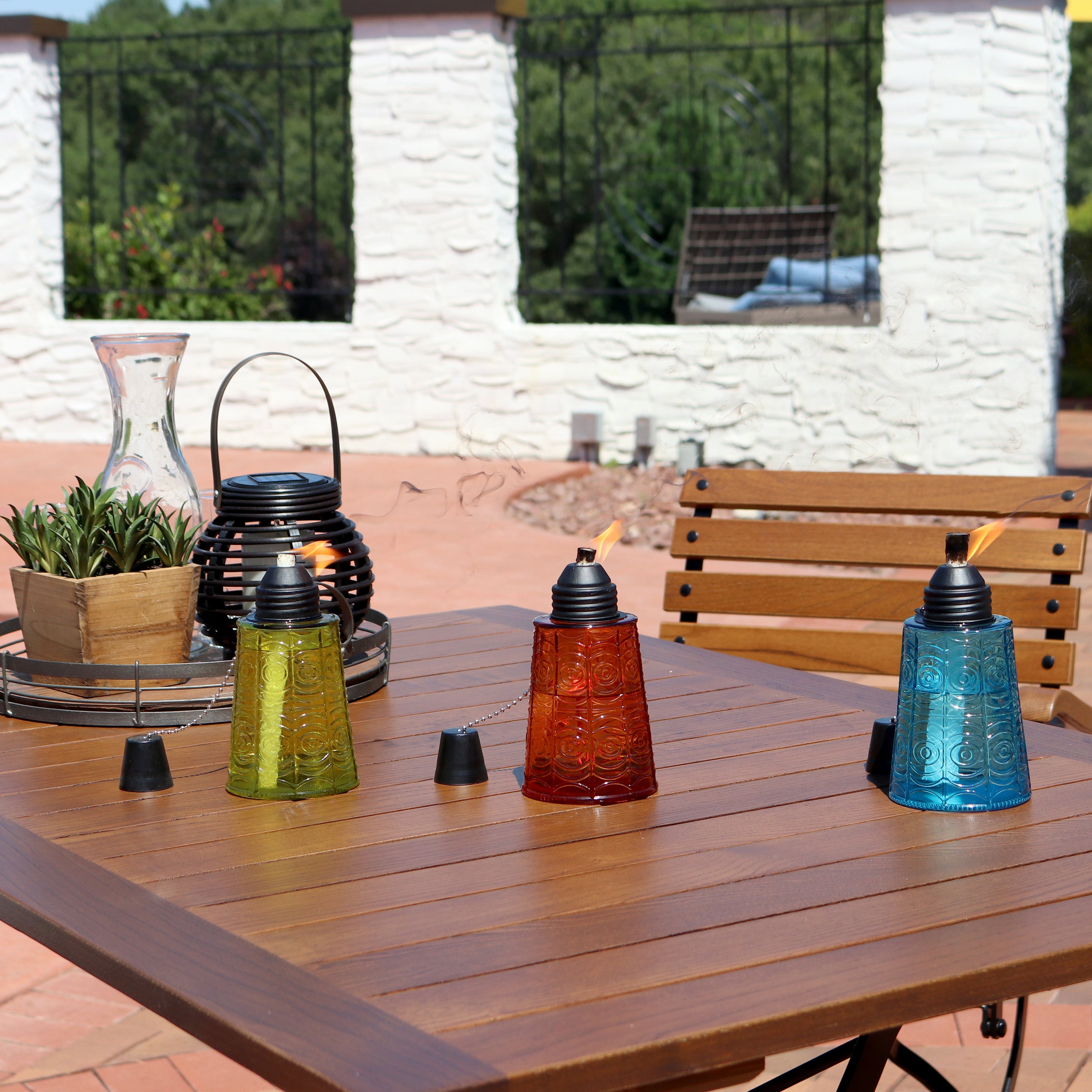 Sunnydaze Set of 3 Glass Tabletop Torches - 1 Blue, 1 Orange & 1 Green - Outdoor Patio Decor, Garden Party Lighting, Backyard Ambiance
