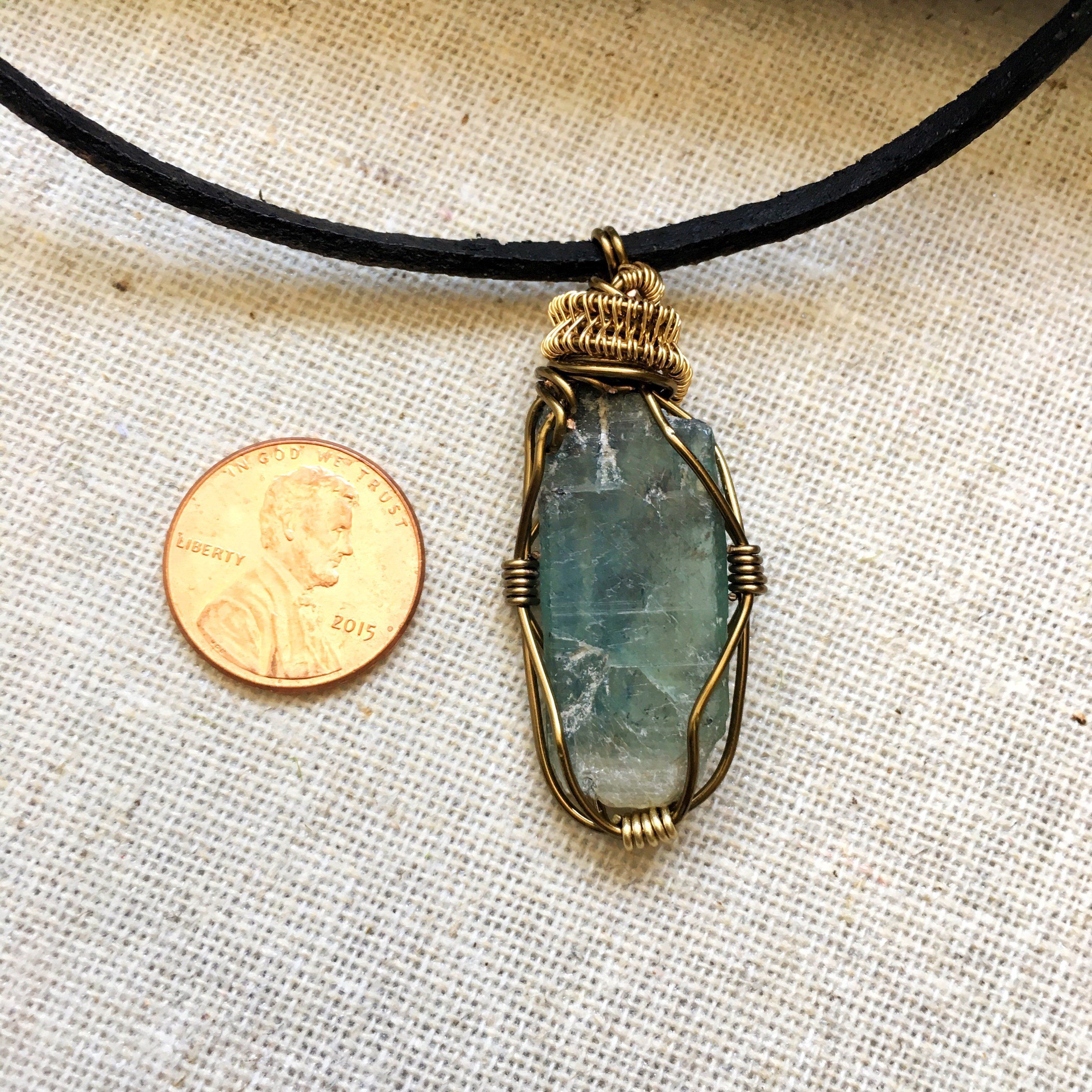 Handmade Gold & Antique Bronze Wire Wrapped Raw Green Kyanite Pendant Necklace - Natural Crystal Jewelry for Women, Boho Chic Gift, Spiritual Healing & Everyday Wear