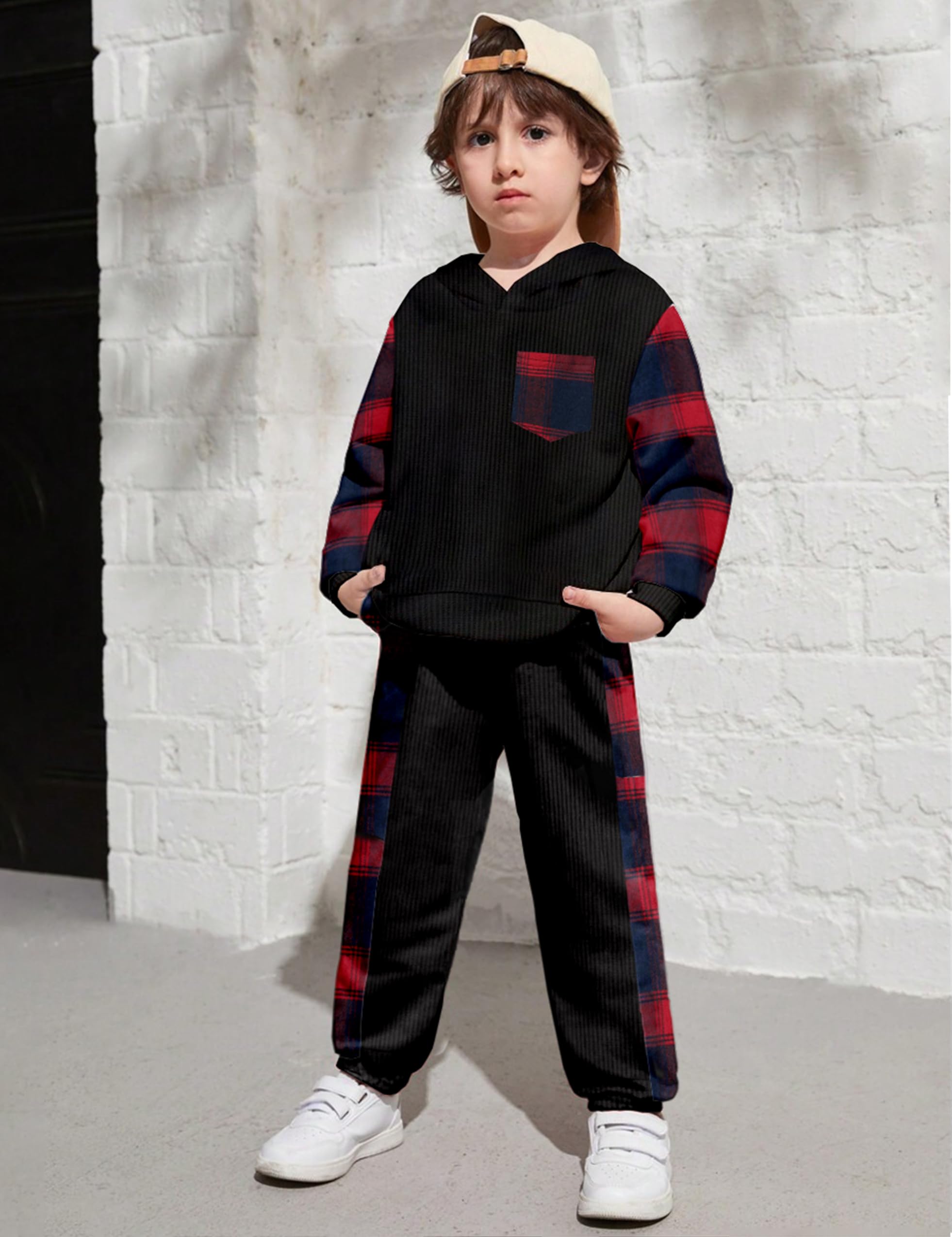 Boys' Waffle Plaid Hoodie & Patchwork Casual Pants 2-Piece Set - Warm Fall Winter Toddler Outfit with Pockets | Cozy Playdates & Outdoor Adventures