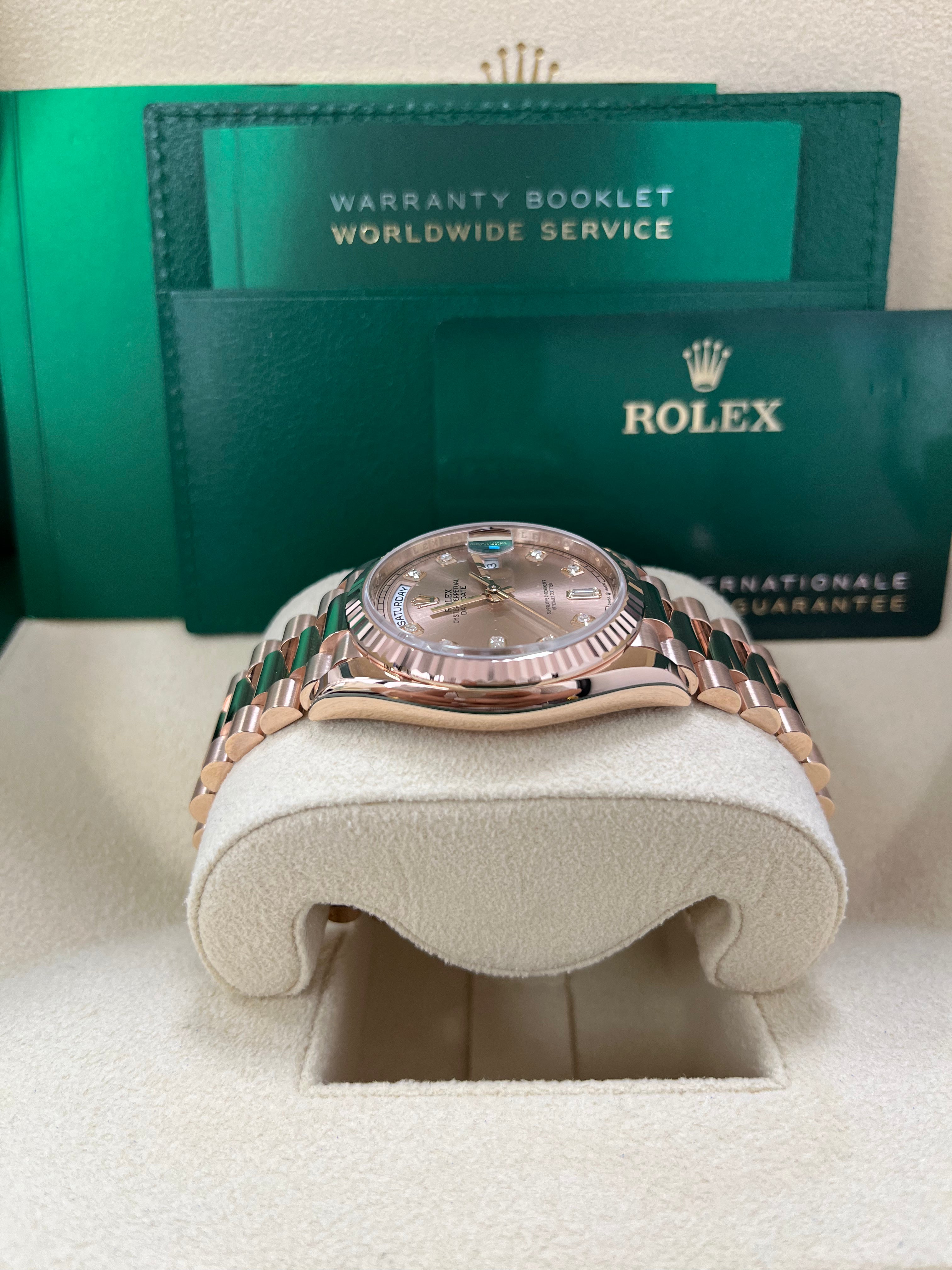 Rolex Day-Date 36 Everose Gold Watch - Fluted Bezel, Rose Diamond Dial, President Bracelet (Ref. 128235) | Luxury Dress Watch for Business & Formal Occasions