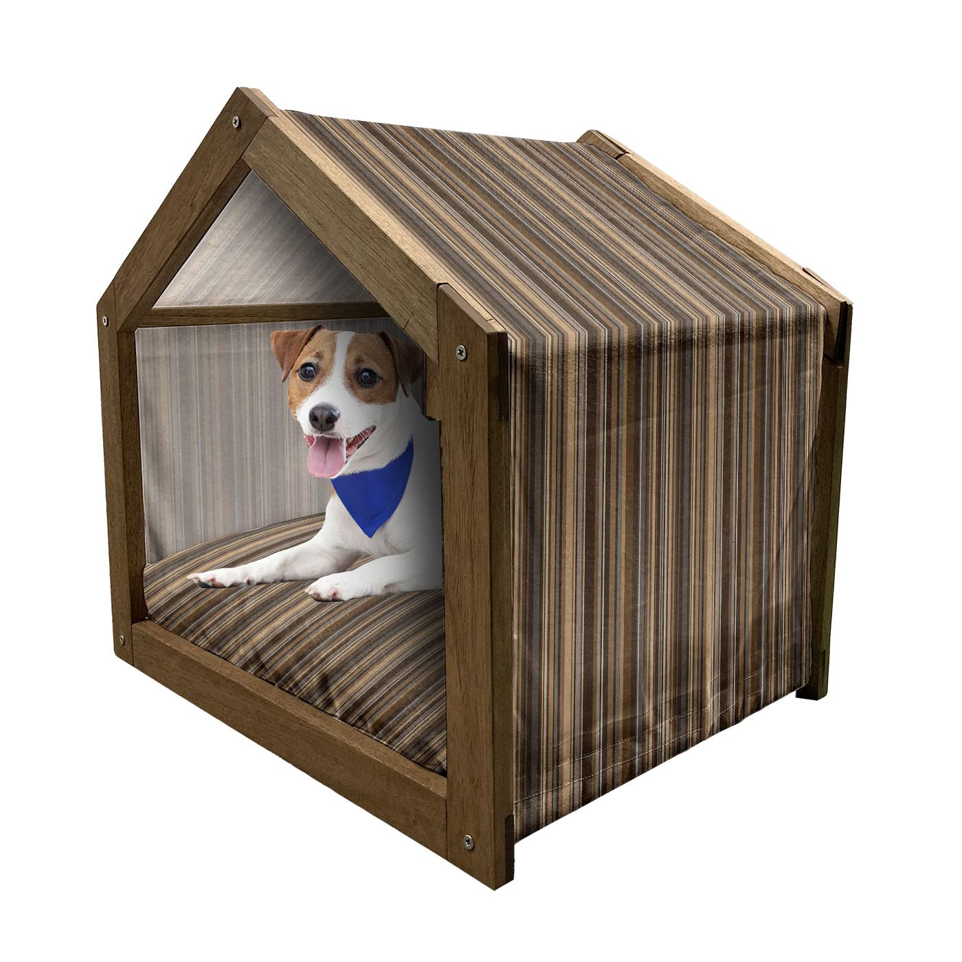 Ambesonne Abstract Wooden Dog House with Vertical Lines in Earthen Tones - Portable Indoor & Outdoor Pet Kennel with Pillow & Cover - Large Size Pale Caramel Chocolate Color - Perfect for Backyard, Patio, or Living Room Use