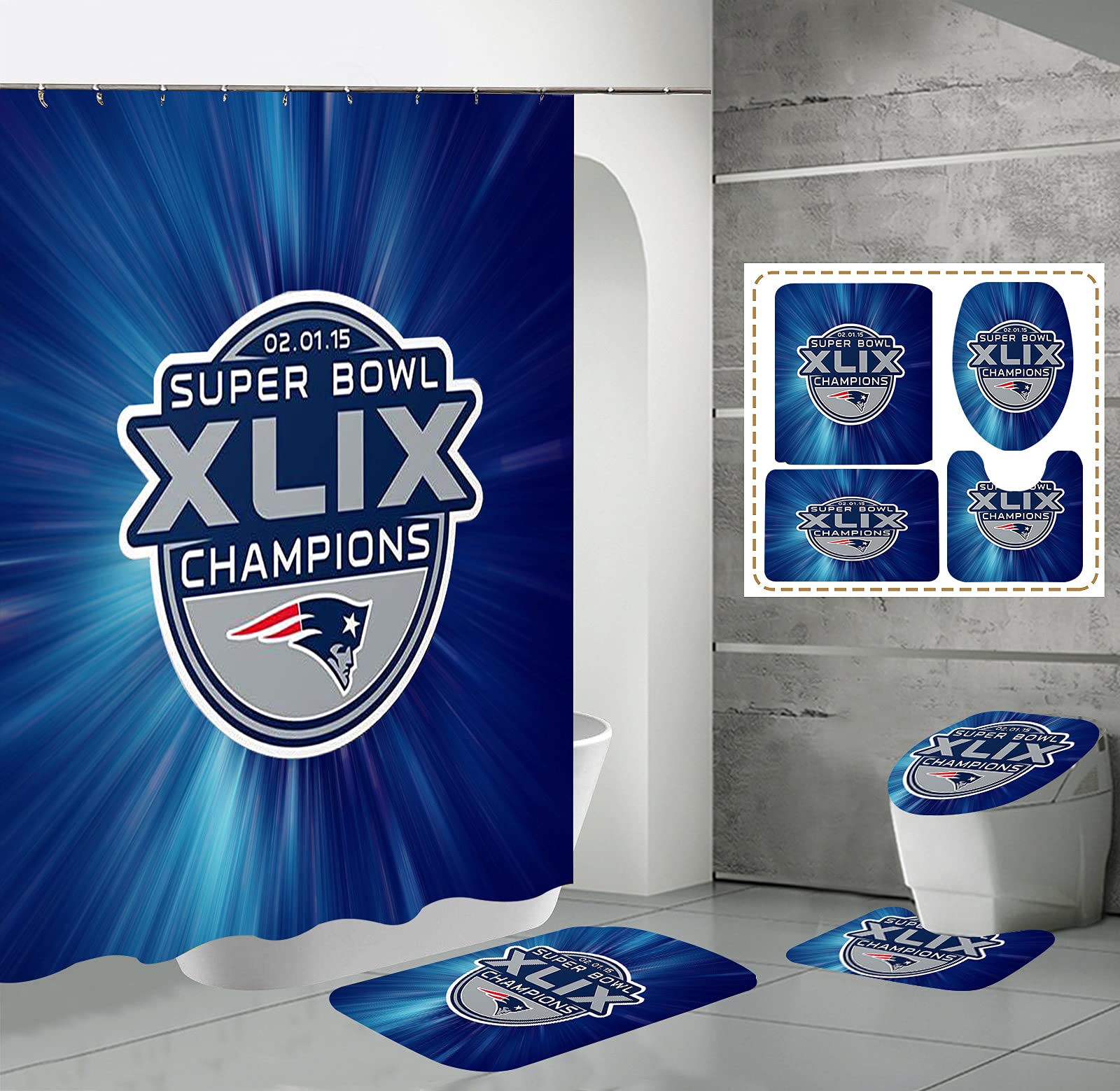 4-Piece Shower Curtain Set with Toilet Lid Cover, Non-Slip Bath Mat & Waterproof Shower Curtains with Hooks - American Football Sports Theme Bathroom Decor - Machine Washable for Bathroom, Shower, and Toilet Area