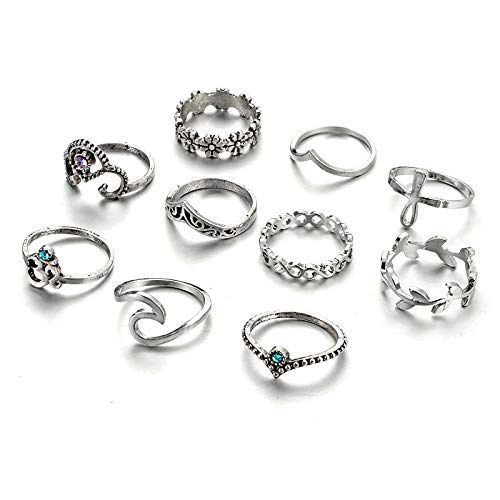 Vintage Bohemian Stackable Silver Rings for Women - 10pcs Sterling Silver Ring Set - Perfect for Layering, Everyday Wear & Boho Fashion Accessories