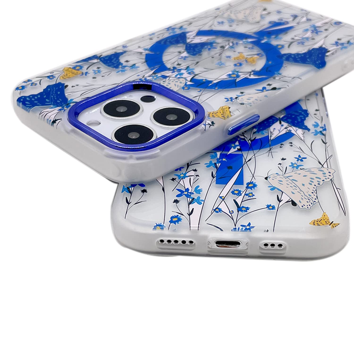 **Magnetic Soft Silicone Case for iPhone 13 Pro 6.1 Inch - Ultra Slim Translucent Matte Edge, Compatible with MagSafe Charger - Cute Blue Butterfly Floral Design - Perfect for Everyday Use, Office & Travel**