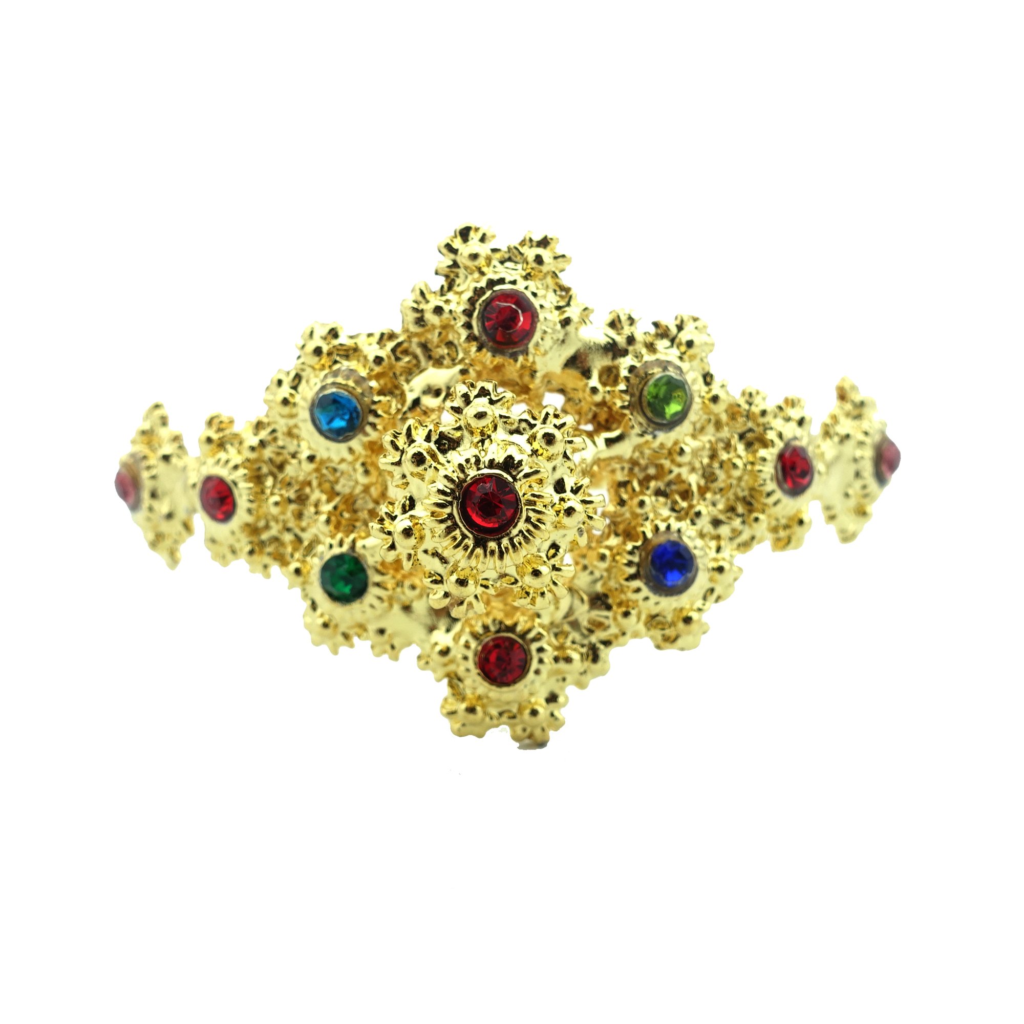 Thai Traditional Gold Plated Multicolor Crystal Arm Cuff Bracelet (Rad Khaen) 2.5-3 Inches - Elegant Boho Jewelry for Women, Festival & Wedding Accessories