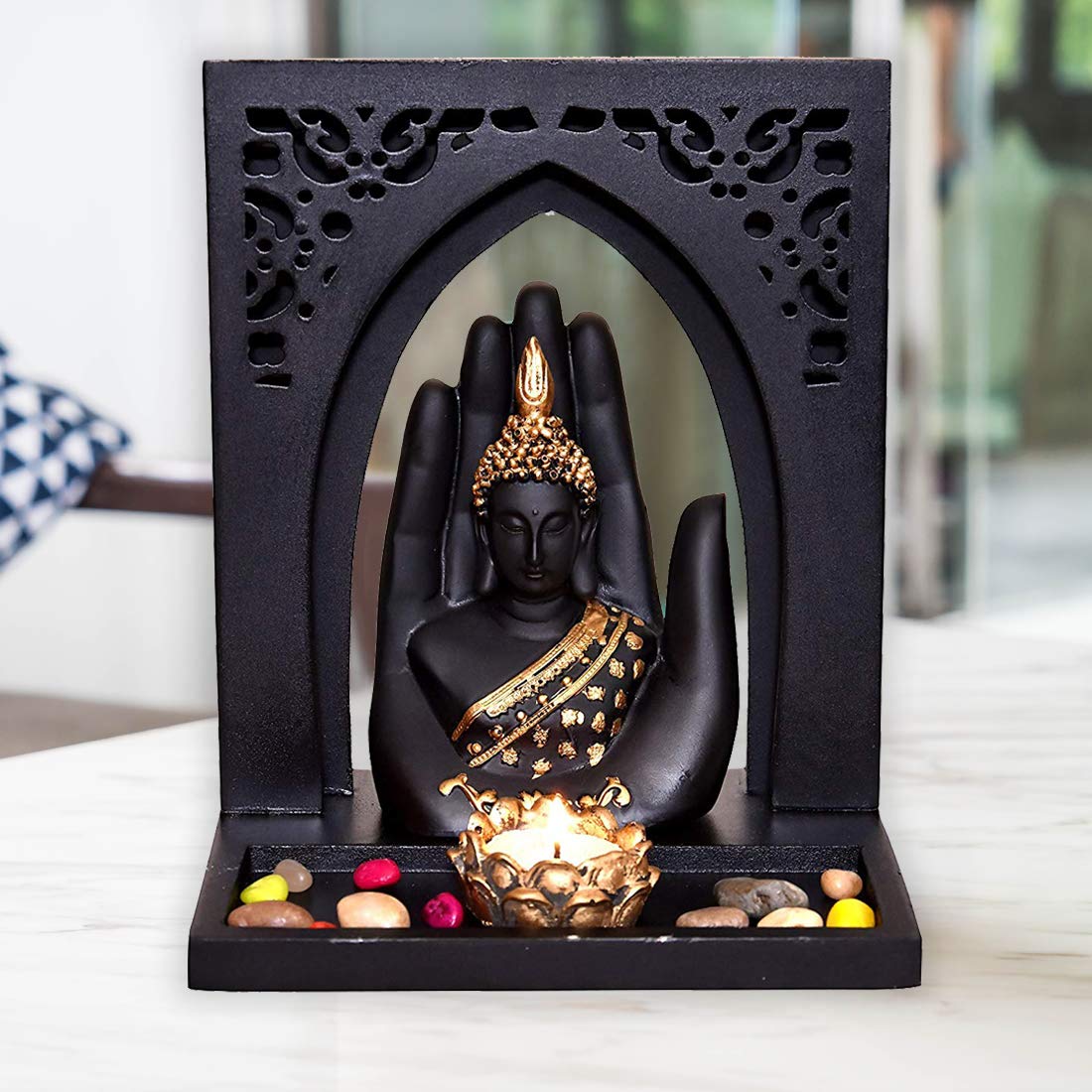 MARINER'S CREATION Hand-Carved Buddha Statue with Wooden Royal Tray | Spiritual Home Decor for Living Room & Meditation Space | Perfect Housewarming Gift for New Home & Office Blessing