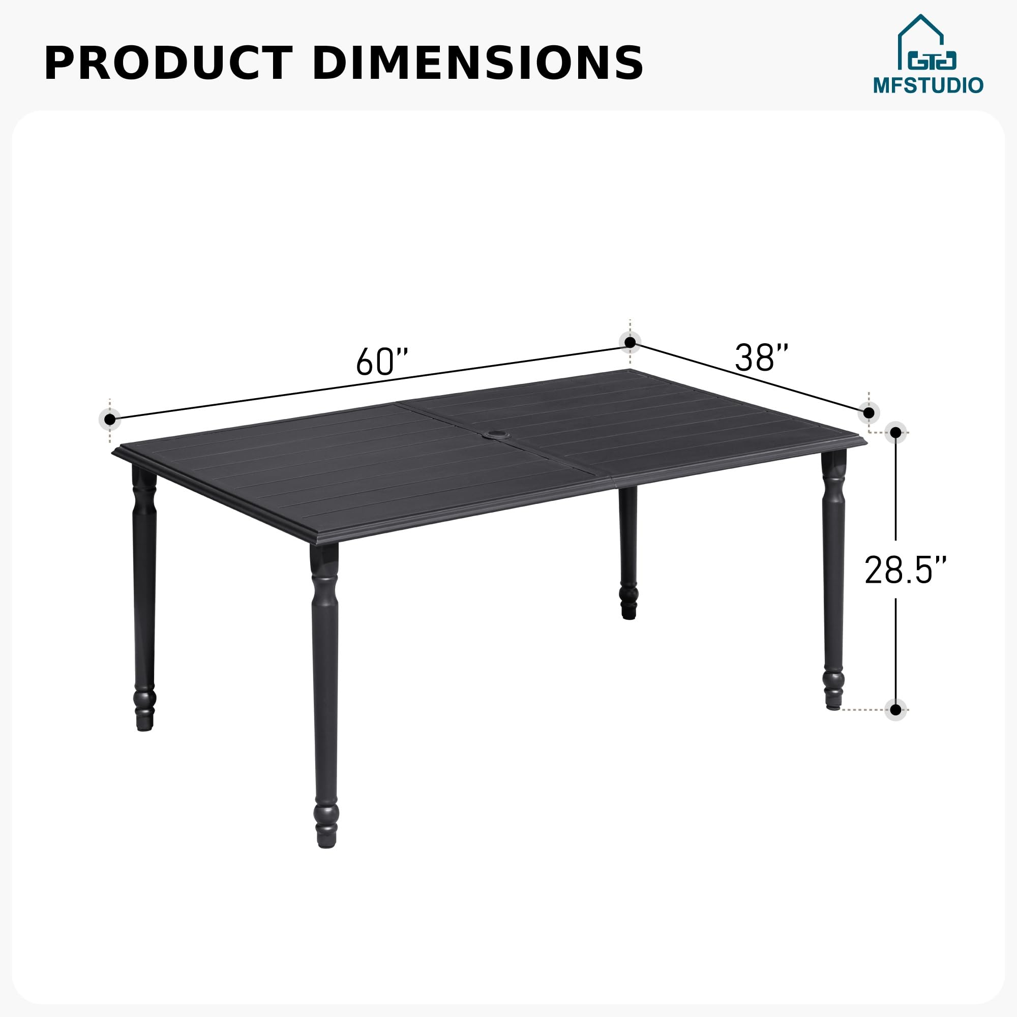 MFSTUDIO 60 Inch Large Black Metal Outdoor Dining Table - Rectangle Patio Table with 1.77