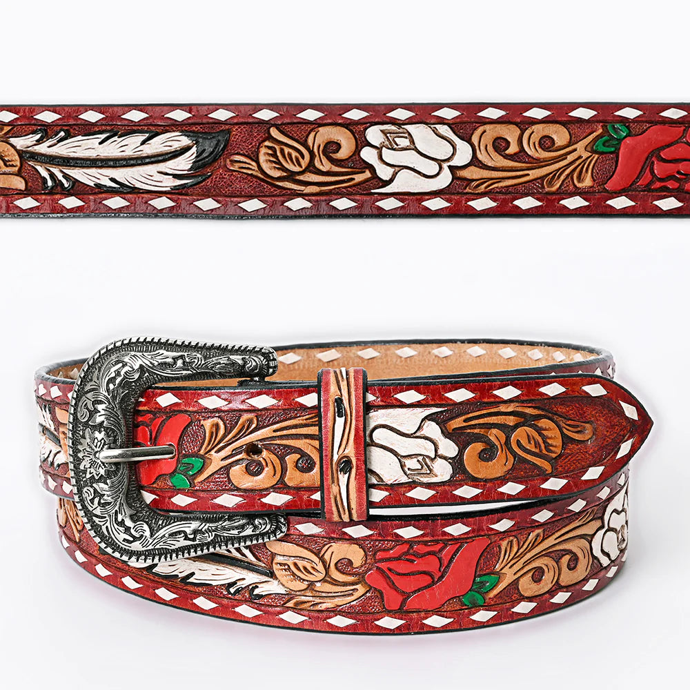 Vintage American Darling Red & White Floral Tooled Leather Belt for Women - Perfect for Western Outfits, Boho Fashion & Country Style Accessories