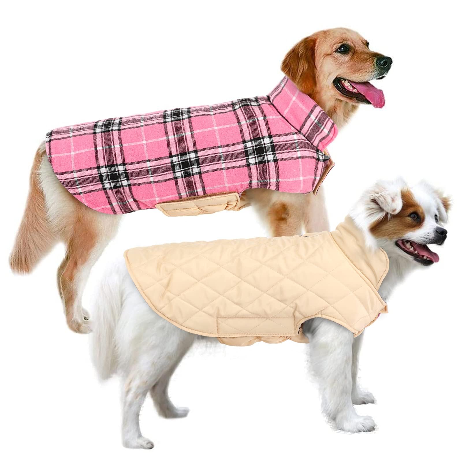 MIGOHI Reversible Dog Jacket - Windproof Waterproof Winter Coat for Small Medium Large Dogs, British Style Plaid Warm Vest (Pink) - Perfect for Cold Weather Walks & Outdoor Adventures