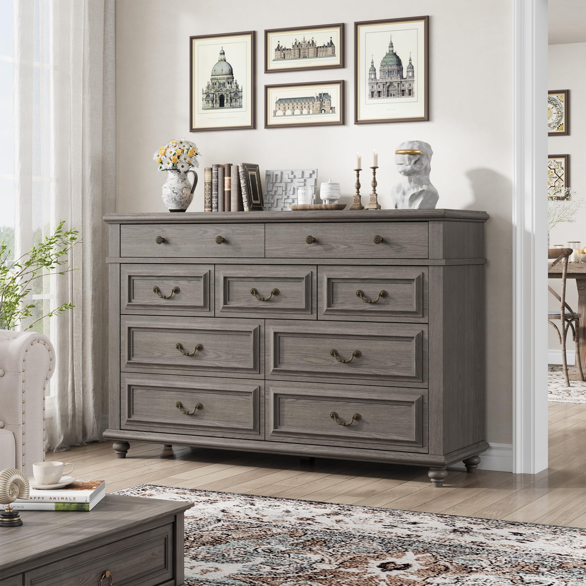 Farmhouse 9-Drawer Dresser with Deep Storage - Large Grey Wooden Chest of Drawers for Bedroom, Living Room & Hallway | Perfect for Organizing Clothes, Linens & Home Decor (Grey, 9-Drawer)