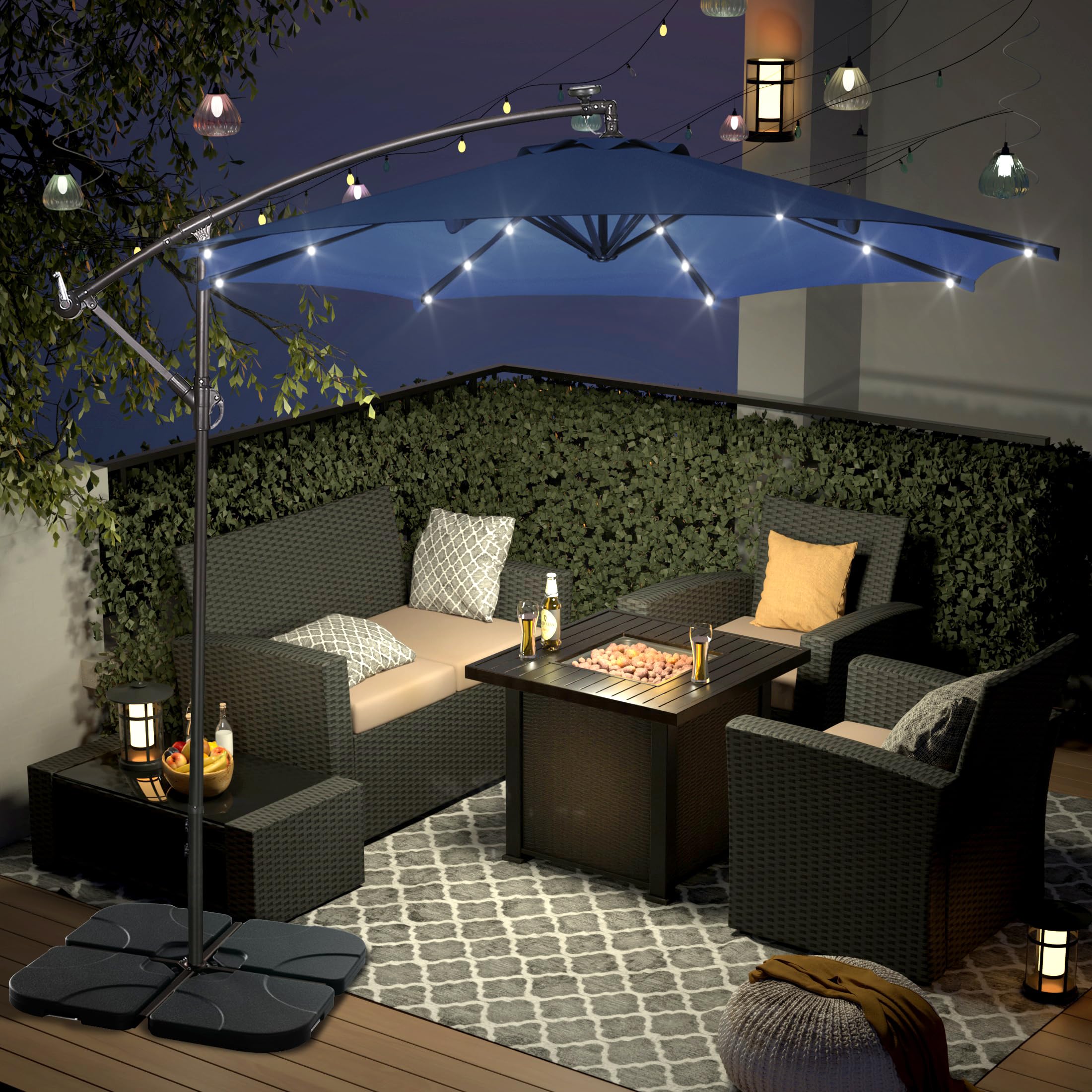 WO Home Furniture 10ft Patio LED Cantilever Umbrella with Stand Set of 2 - Navy Blue Outdoor Lighting for Poolside, Garden & Backyard Relaxation