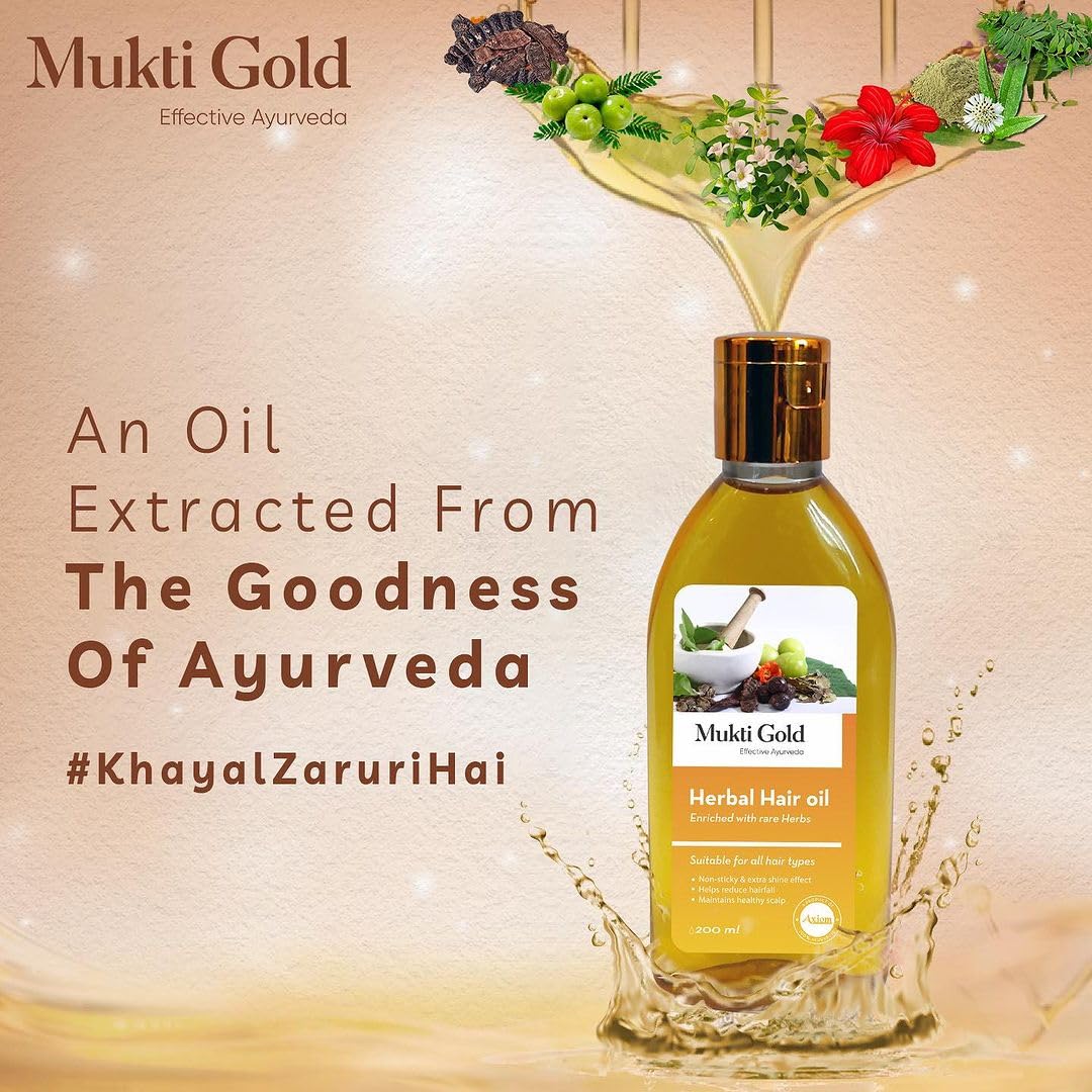 Axiom Mukti Gold Herbal Hair Oil - 200mL | Natural Hair Growth Treatment for Hair Loss & Dandruff Control | Enriched with Almond, Rose, Neem & Lemon Extracts | 100% Organic Ayurvedic Hair Care | Certified Safe | Perfect for Daily Scalp Massage & Damaged Hair Repair