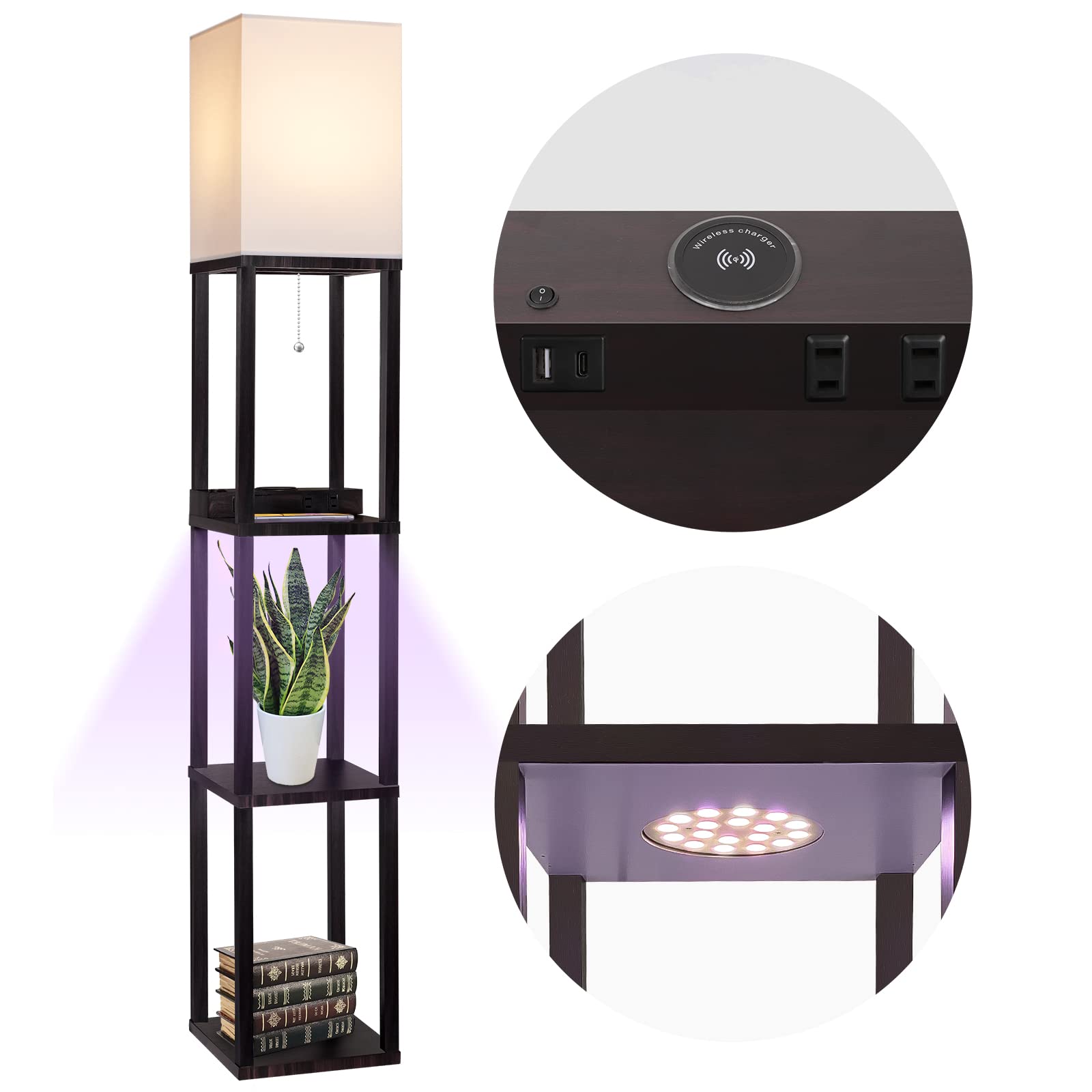 Modern LED Floor Lamp with Shelves - Wireless Charging Station, USB Port & AC Outlet - Adjustable Grow Light for Plants - Standing Column Lamp for Living Room, Bedroom & Office - Nightstand Reading Light with Storage Space