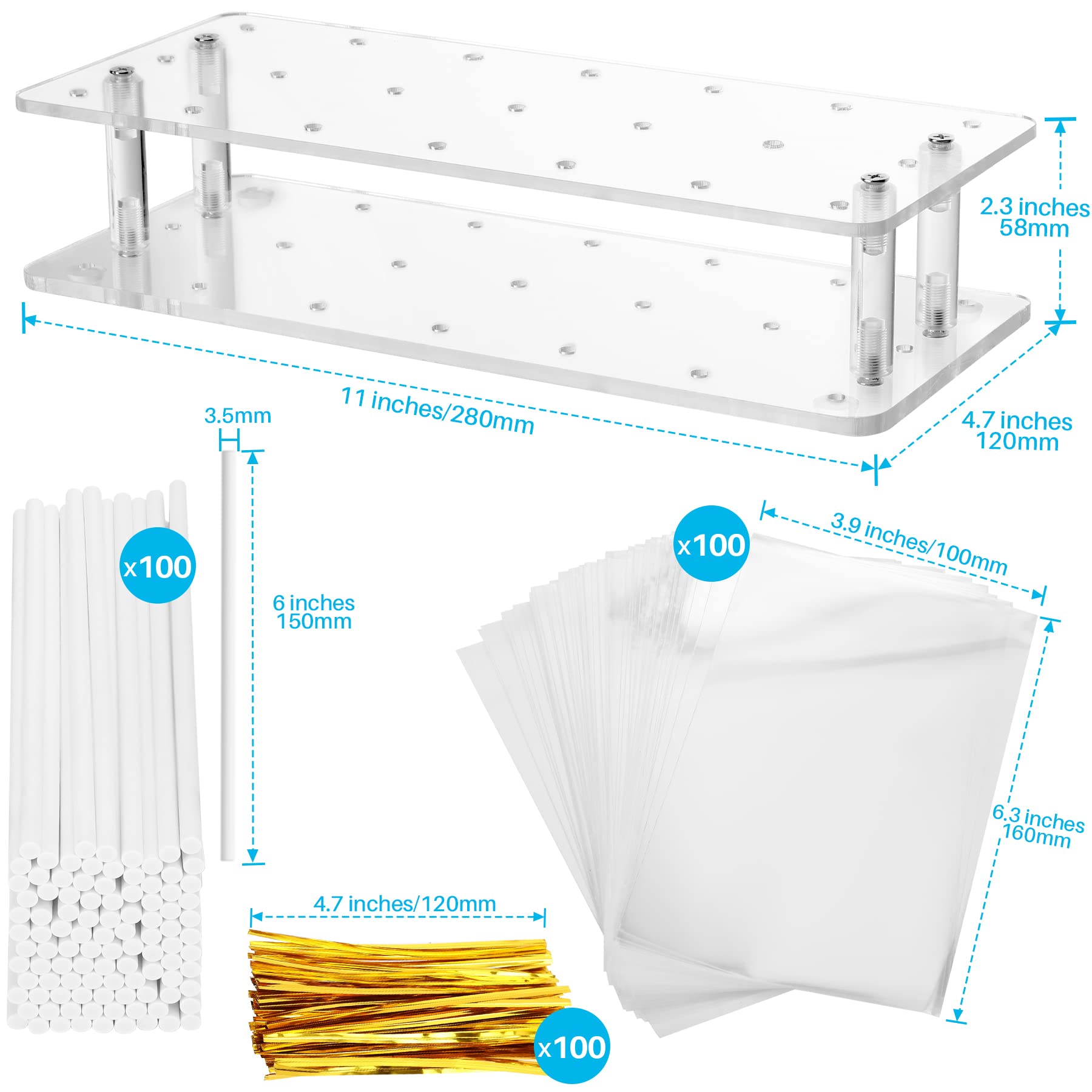 Goabroa 21-Hole Clear Acrylic Cake Pop Stand Kit with 300 Cake Pop Sticks & Wrappers - Baking Supplies for Wedding, Birthday Party, Baby Shower & Halloween Dessert Displays - Perfect for DIY Treats, Dessert Tables & Holiday Celebrations
