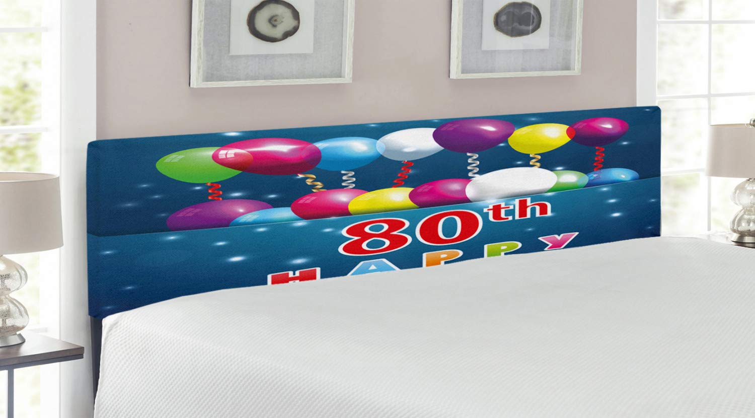 Ambesonne King Size Upholstered Metal Headboard with Memory Foam - 80th Birthday Design with Colorful Balloons on Blue Background - Decorative Bed Headboard for Adult Bedroom, Guest Room & Birthday Party Decor