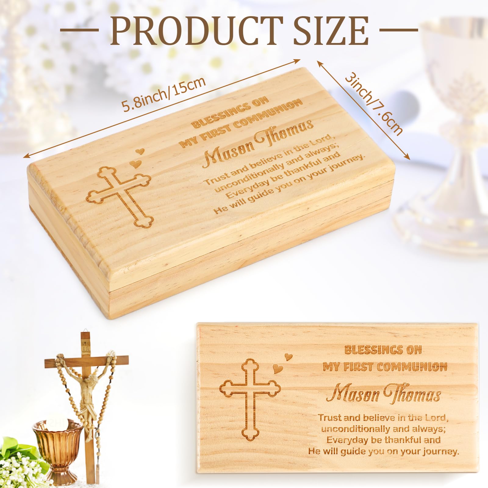 Engraved First Communion Valet Box - Wooden Keepsake Box with Cross and Rosary for Rosary Beads, Jewelry, Mementos - Perfect Holy Communion Gift for Boys & Girls - Ideal for Church, Home Display, and Special Occasions