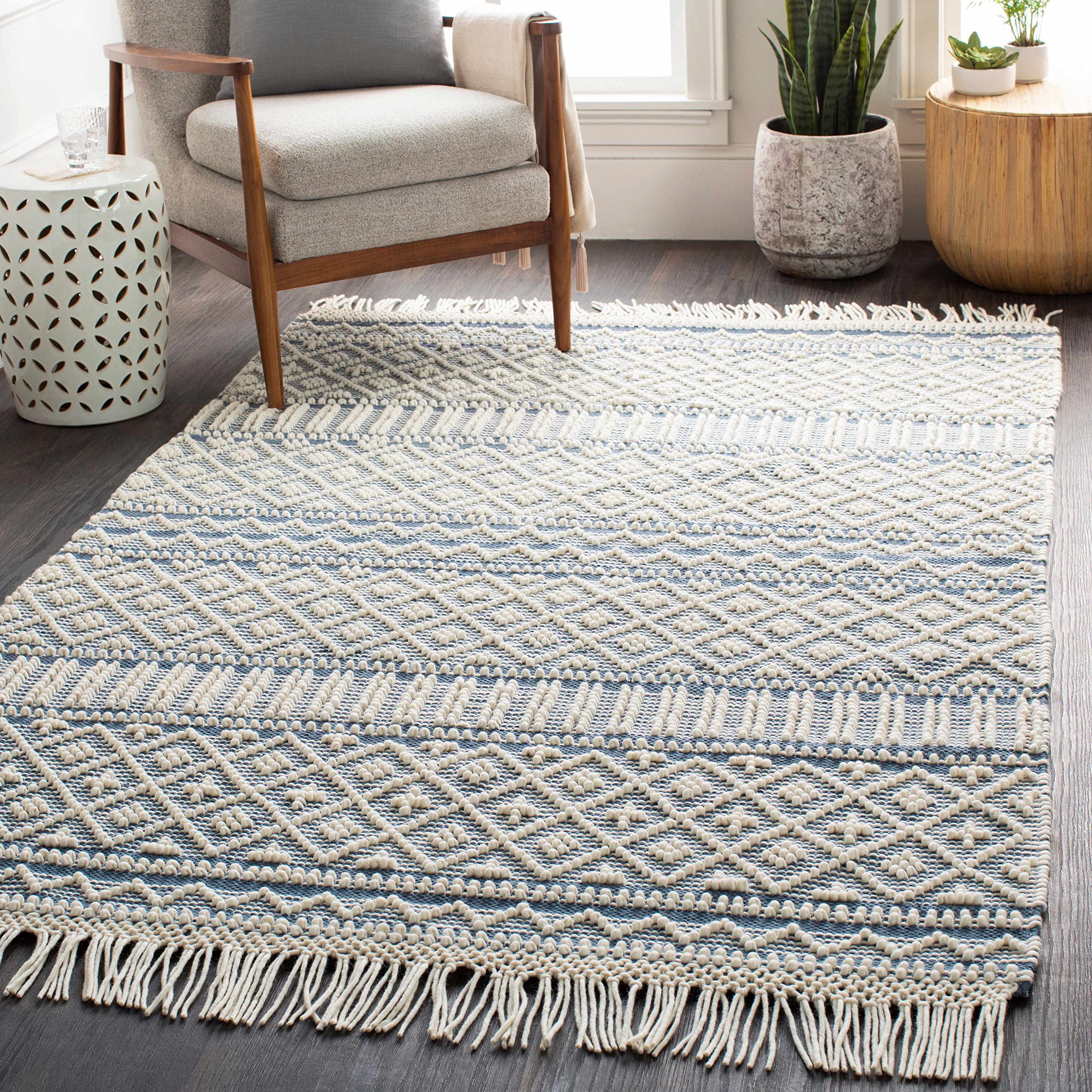 Hauteloom Nunnelly Wool Area Rug 2' x 3' - Traditional Transitional Design in Blue & White - Soft Living Room Bedroom Rug for Cozy Home Decor & Warm Floor Covering