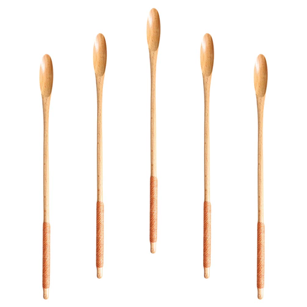 5-Pack Wooden Mixing Spoons for Honey, Coffee & Drinks - Long Thin Handle Stirring Spoons for Kitchen, Bar & Beverage Preparation