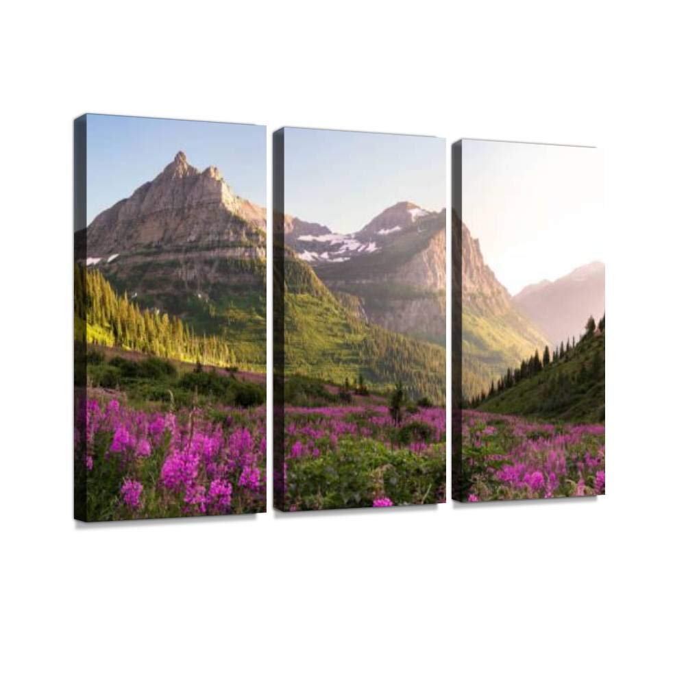 Glacier National Park Autumn Forest Stream River Trees Canvas Wall Art - 3 Panel Landscape Paintings for Living Room & Bedroom Decor - Nature Scenery Wall Artworks, Home Wall Decor Posters (Perfect for Rustic, Cabin or Wilderness Themed Interiors)