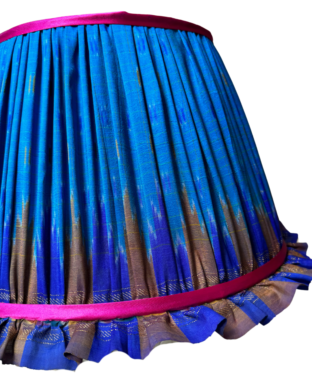 41 cm Frilly Blue & Pink Silk Sari Lampshade - Elegant Home Decor for Bedroom, Living Room & Boho Style Interior Design