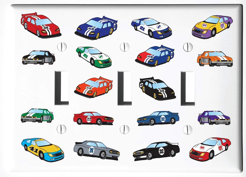 Race Car Themed Triple Toggle Light Switch Plate Covers - Durable Decorative Wall Plates for Bedroom, Game Room, Man Cave & Racing Enthusiasts - Perfect for Kids Room Decor, Automotive Theme & Motorsports Fans