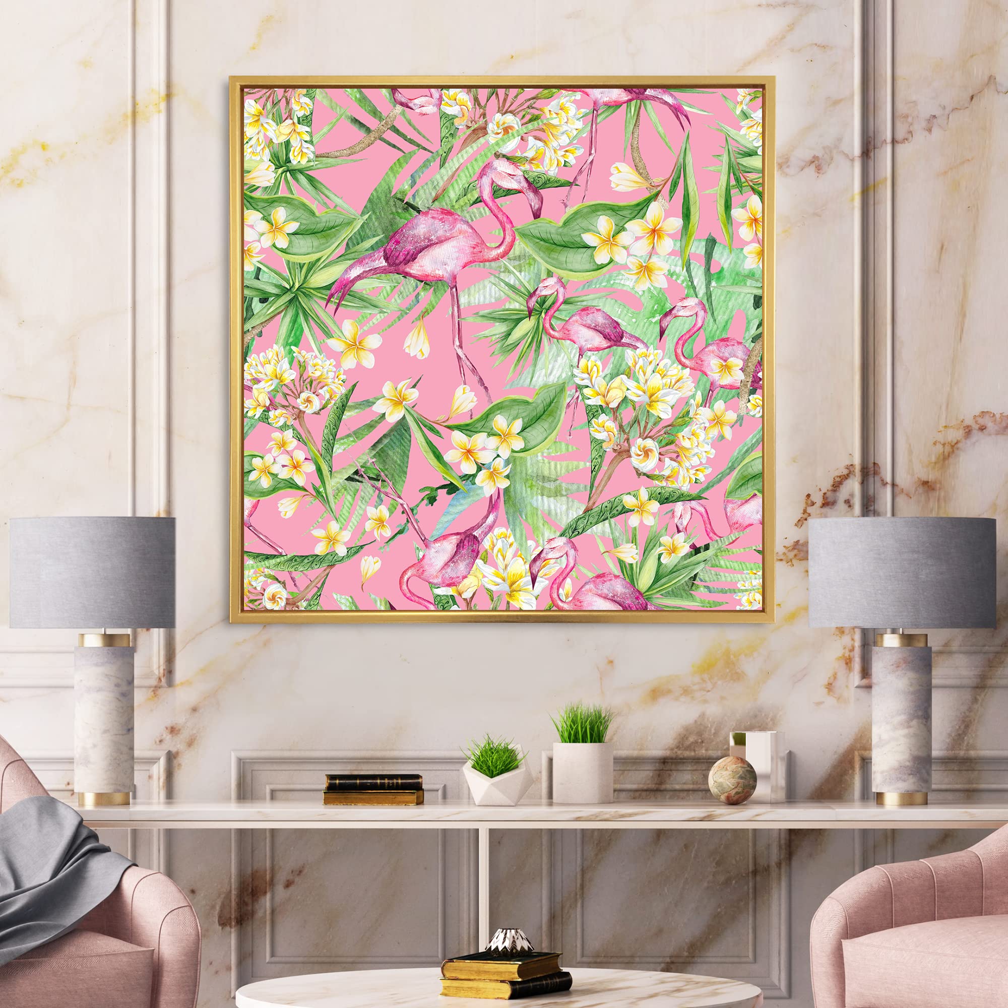 DesignQ Tropical Foliage & Yellow Flowers With Flamingo III - Modern Framed Canvas Wall Art Print for Living Room, Bedroom & Office Decor