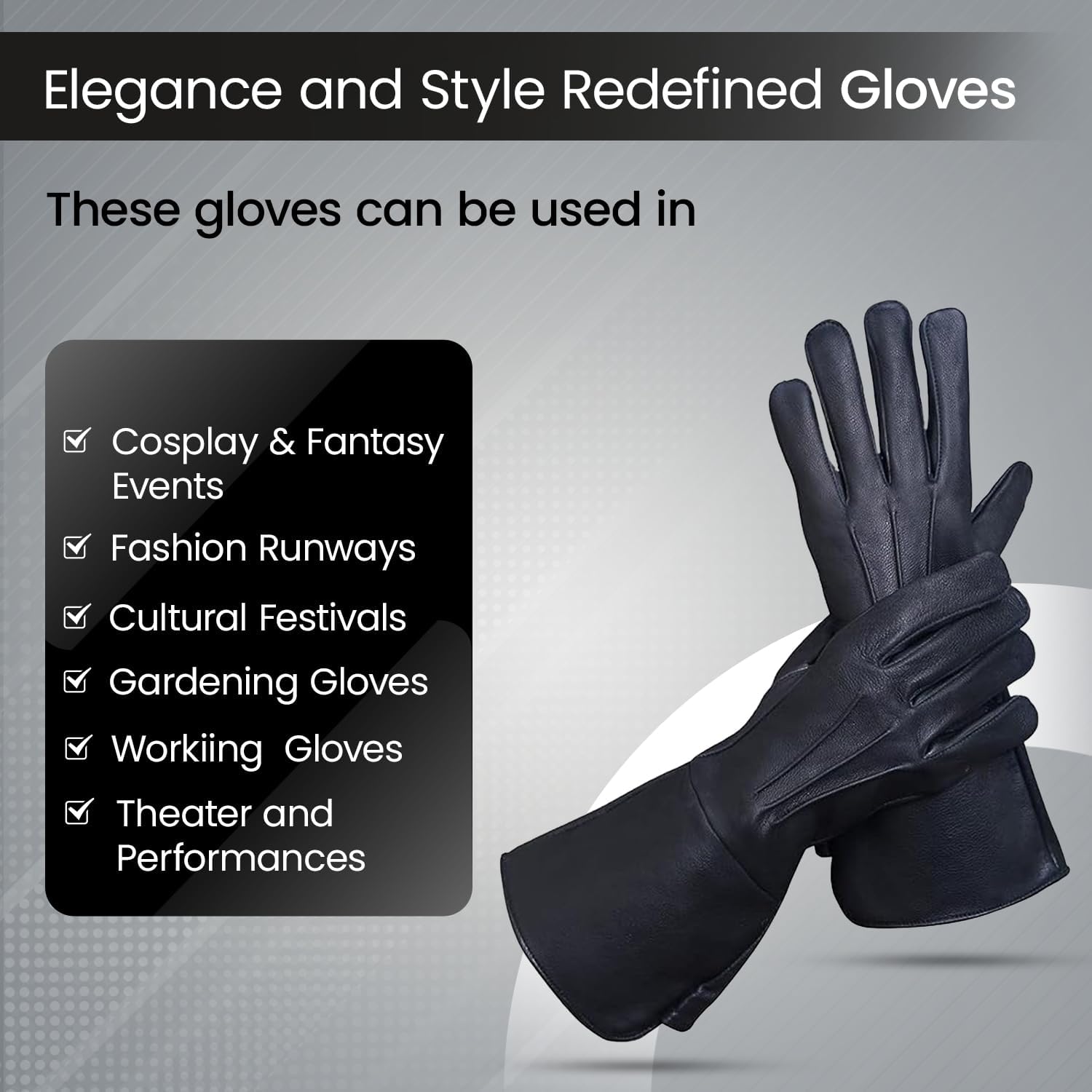 Glamtron Medieval Renaissance Gloves - Pure Lambskin Leather Cosplay Gauntlet Gloves with Long Arm Cuff - Small Size, Black - Perfect for LARP, Renaissance Fairs & Historical Reenactments
