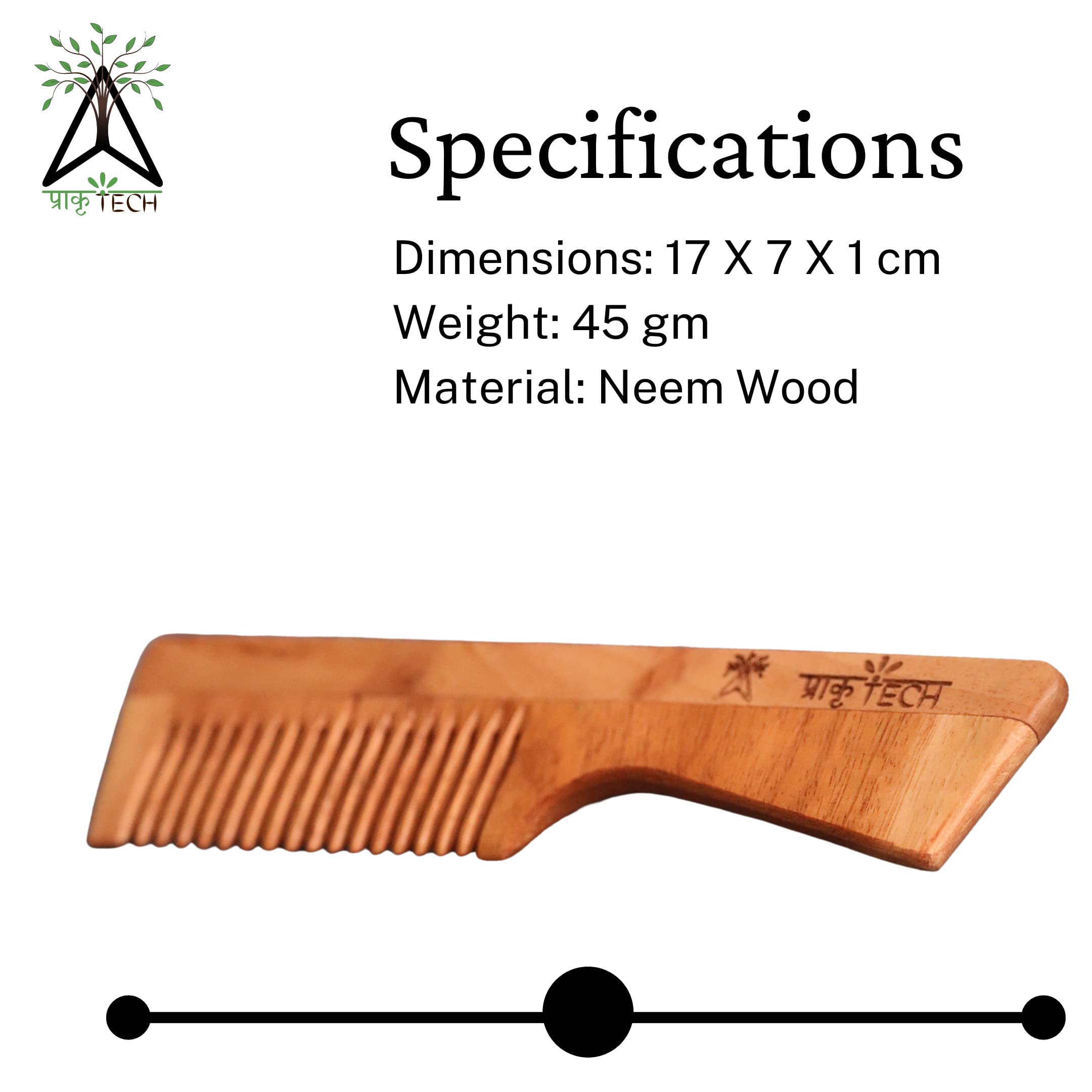 PRAKRTECH Neem Wood Shampoo Comb with Handle - Anti-Dandruff & Hair Loss Prevention Comb for Men & Women | Natural Kachi Neem Wooden Comb for Hair Growth & Scalp Care | Perfect for Daily Hair Styling & Massage (17 x 7 x 1 cm)
