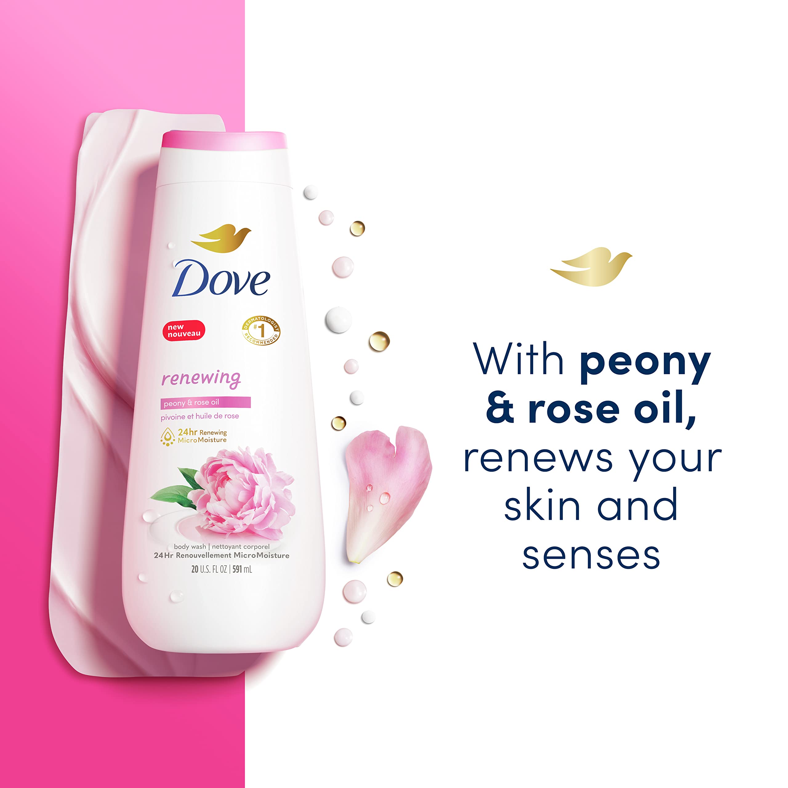 Dove Body Wash 4-Pack with Renewing Peony & Rose Oil + Body Scrub 3-Pack with Himalayan Salt & Rose Oil - Hydrating & Exfoliating Shower Set for Soft, Smooth Skin - Perfect for Daily Use & Self-Care Routine