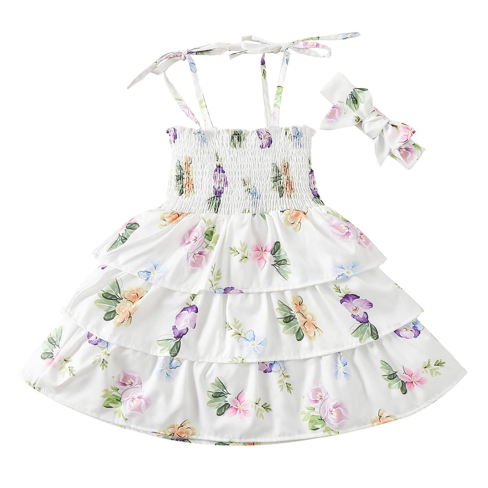 LANMAOMI Girls Summer Dress - Floral Print Ruffle Strap Sundress with Headband for Toddlers & Kids | Beach, Party, Casual Wear