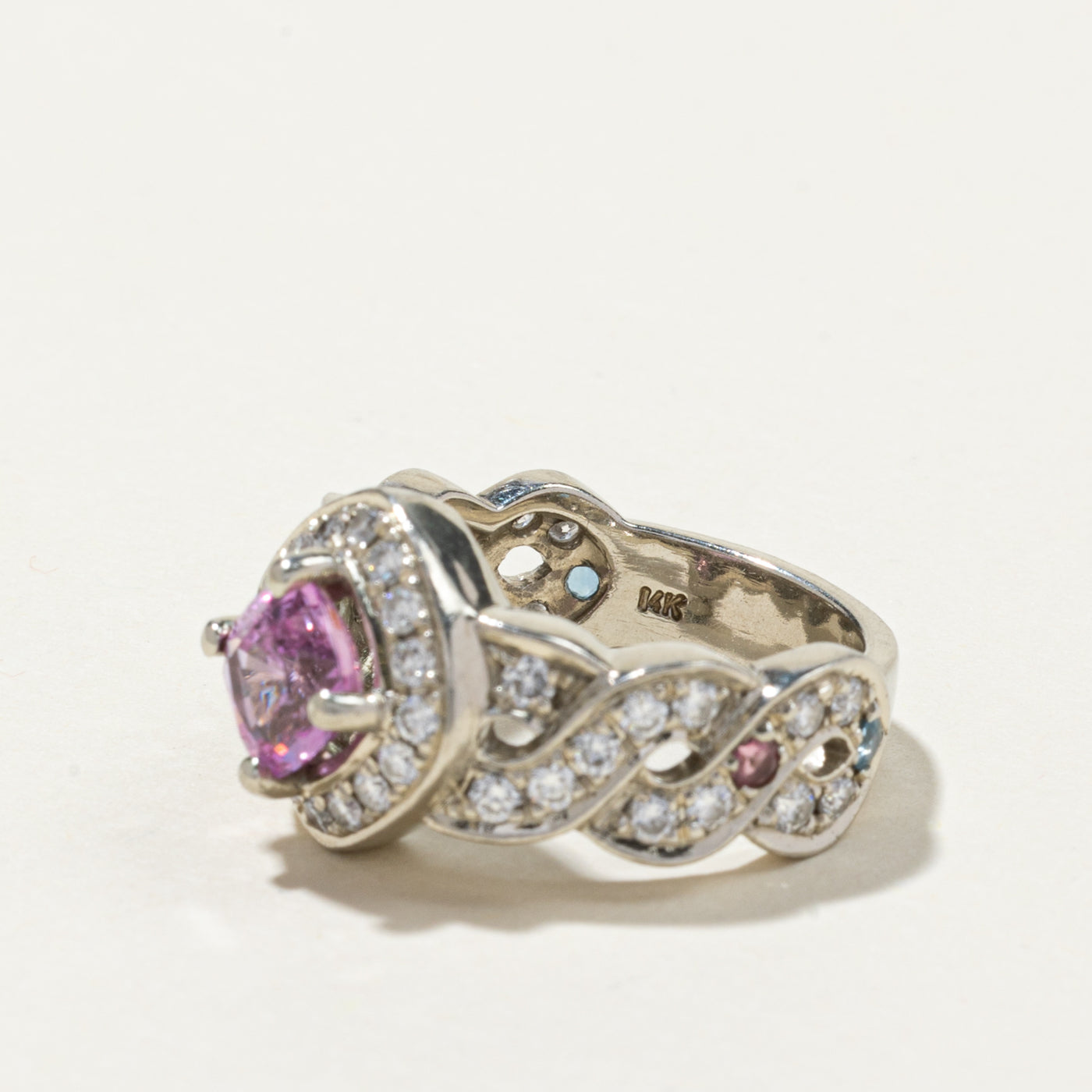 Pink Sapphire & Diamond Halo Crossover Ring 2.00ctw 0.90ctw Size 5.75 - Elegant Engagement Wedding Gift for Her