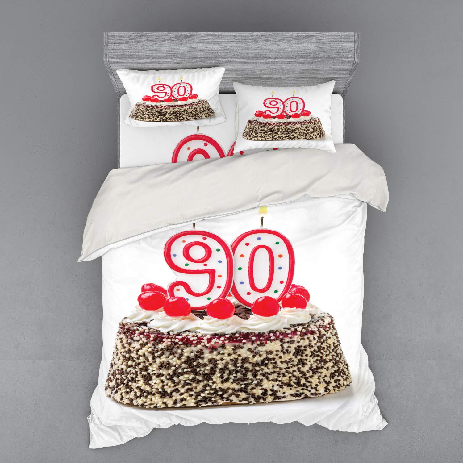 Ambesonne 90th Birthday Bedding Set - Queen Size 4-Piece Duvet Cover with Shams & Fitted Sheet - Birthday Cake with Cherries & Candles Design in Red, Brown & White - Perfect for Milestone Celebrations & Guest Room Decor