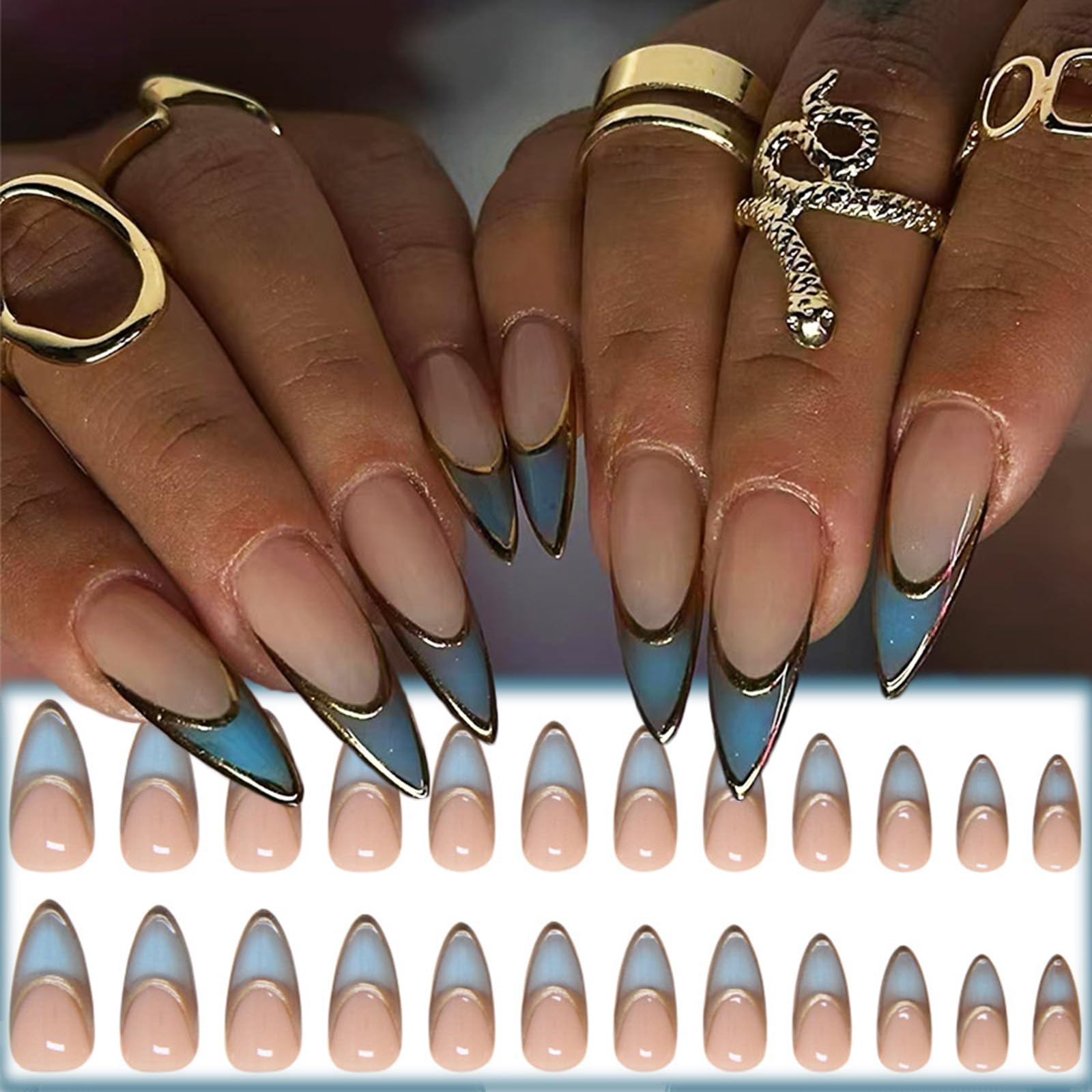 Blue Gradient French Tip Press on Nails - 24PCS 3D Gold Curve Design Ombre Acrylic Fake Nails Medium Almond Shape with Glossy Finish - Easy Glue on False Nails for Women & Girls - Perfect for Parties, Weddings, Date Nights and Special Occasions