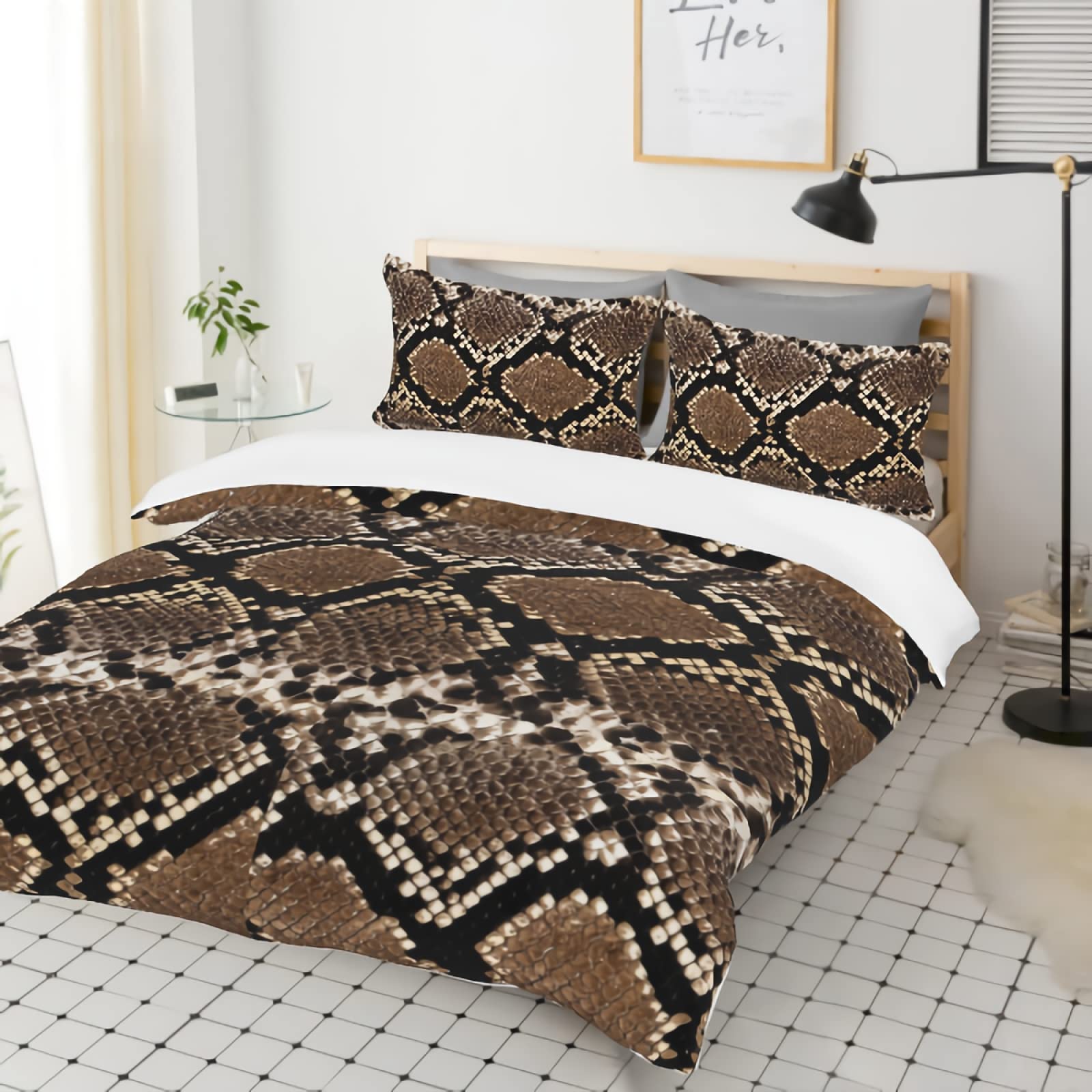GREDBH Snake Queen Quilt Cover Set - Reptile Print 3-Piece Bedding (Full/King Size) - Exotic Snake Skin Design for Adult Couples Bedroom Decor - Perfect for Gothic, Jungle, or Reptile-Themed Rooms