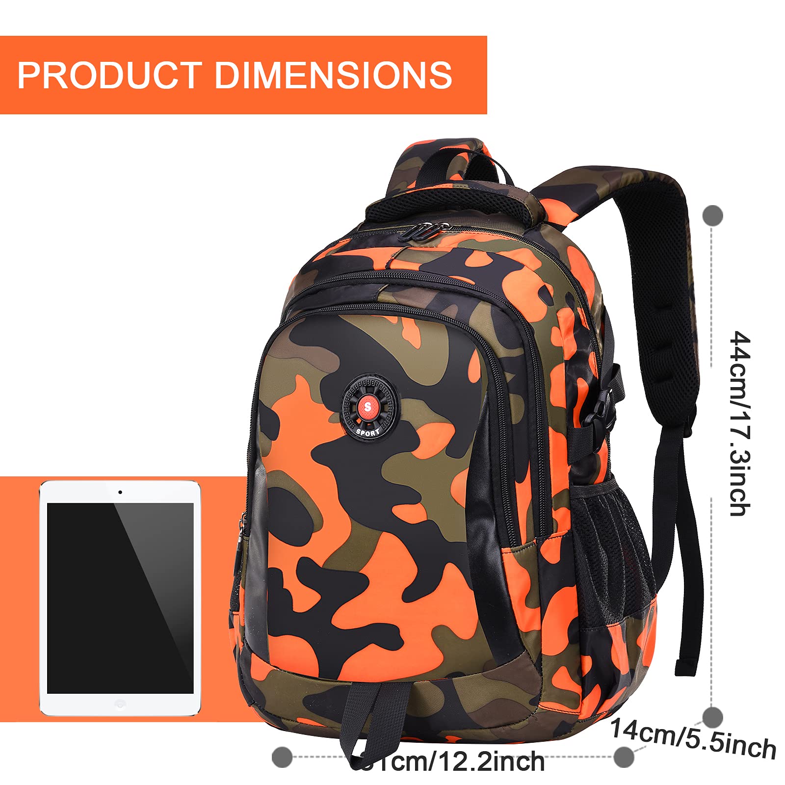 Camouflage Backpack for School, Travel & Outdoor - Christmas Gift for Boys & Girls (DY Camo Orange) - Perfect for Hiking & Daily Use