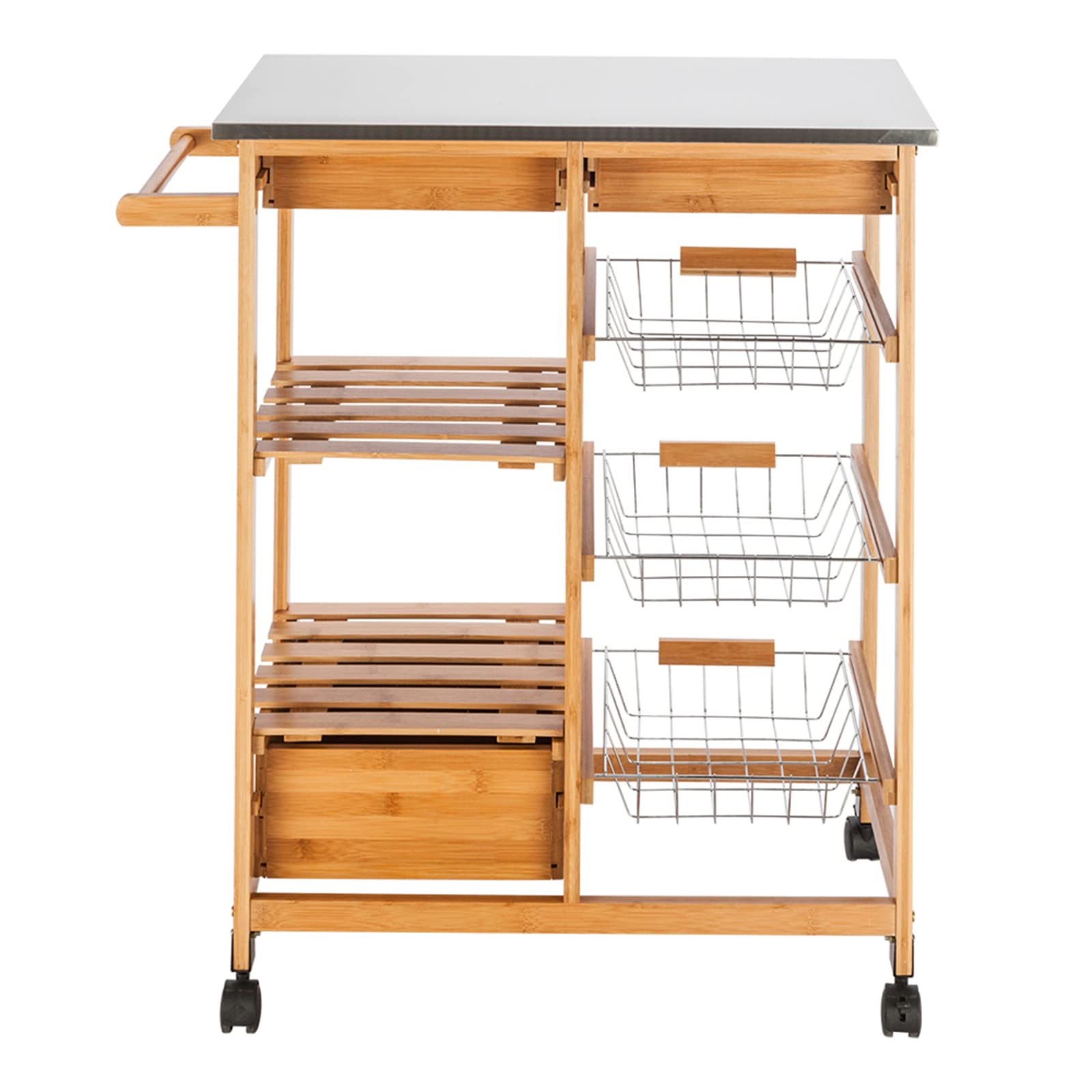 STEPHI Mobile Kitchen Island Cart with 3 Drawers, 3 Baskets, Shelves & Towel Rack - Stainless Steel Top Utility Cart for Kitchen, Dining & Living Room - Perfect for Extra Storage, Food Prep & Entertaining