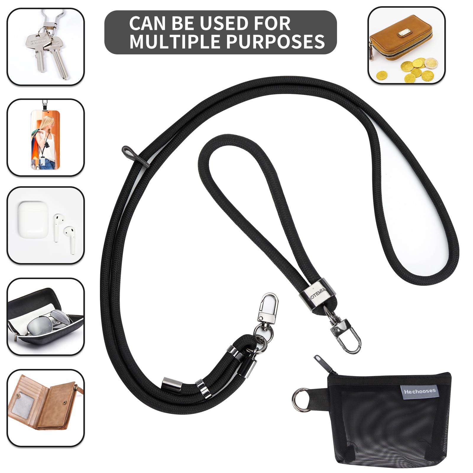 Adjustable Phone Lanyard with Detachable Wallet - 8mm Thick Crossbody Neck Strap for iPhone & Smartphones - Secure Hands-Free Carrying for Work, Travel & Outdoor Activities (Black+Wallet)