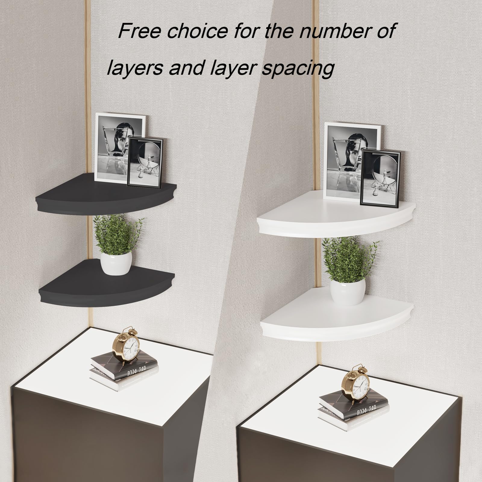 HAO Floating Corner Shelf - Set of 2 Invisible Wall Mounted Shelves with Radial Design & Cable Hole - Space Saving Storage for Bedroom, Bathroom, Living Room, Kitchen - Perfect for Displaying Decor, Plants & Organizing Essentials (Black)