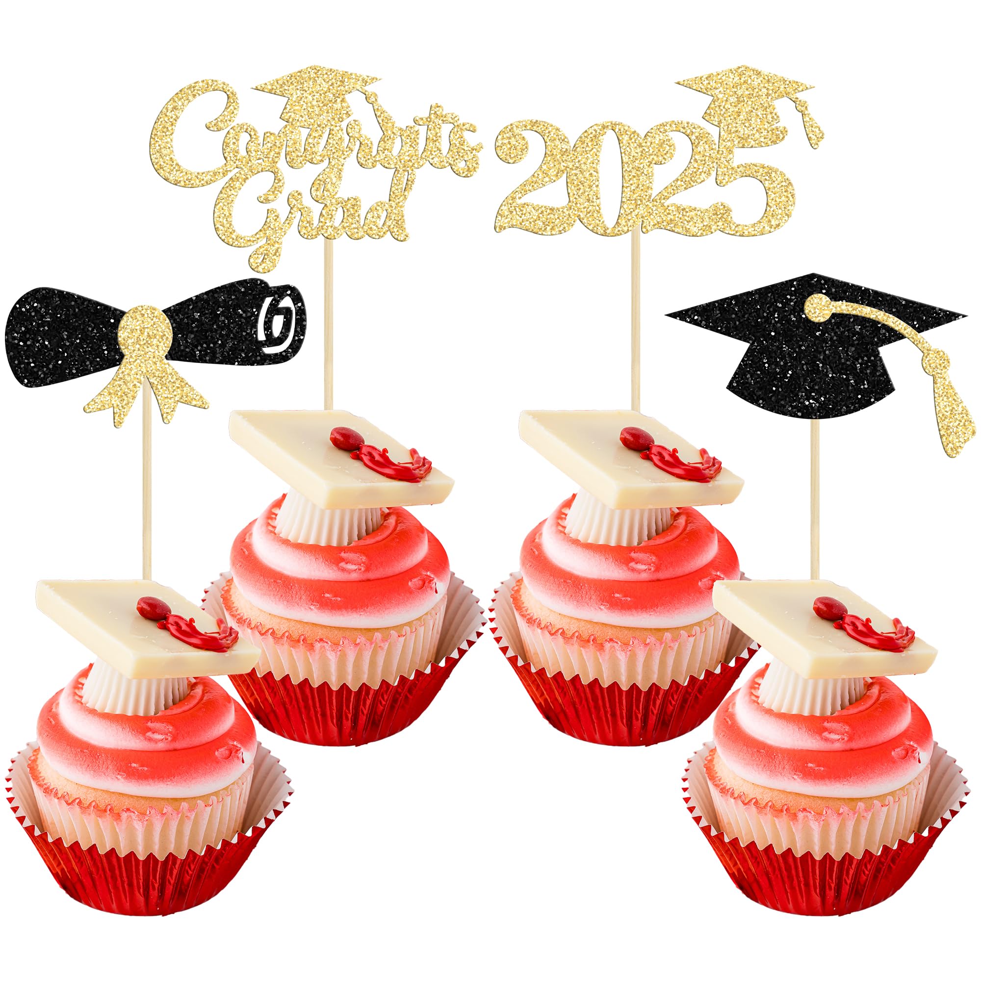24Pcs 2025 Graduation Cupcake Toppers - Black Glitter Congrats Grad Decorations with Cap & Diploma Picks for Graduation Party, Cake Decor Supplies (Perfect for High School & College Graduation Celebrations)