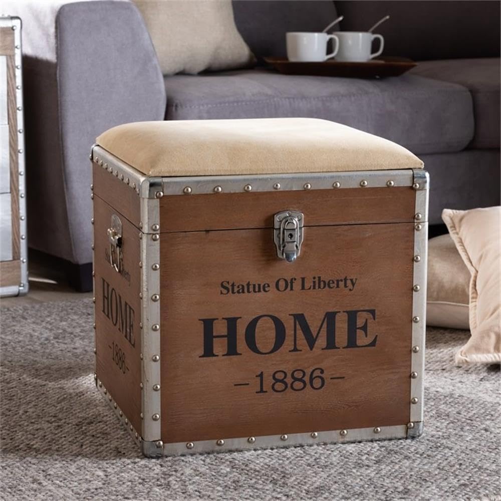BOWERY HILL Beige Fabric and Wood Storage Ottoman - Versatile Footrest, Extra Seating & Living Room Storage Solution