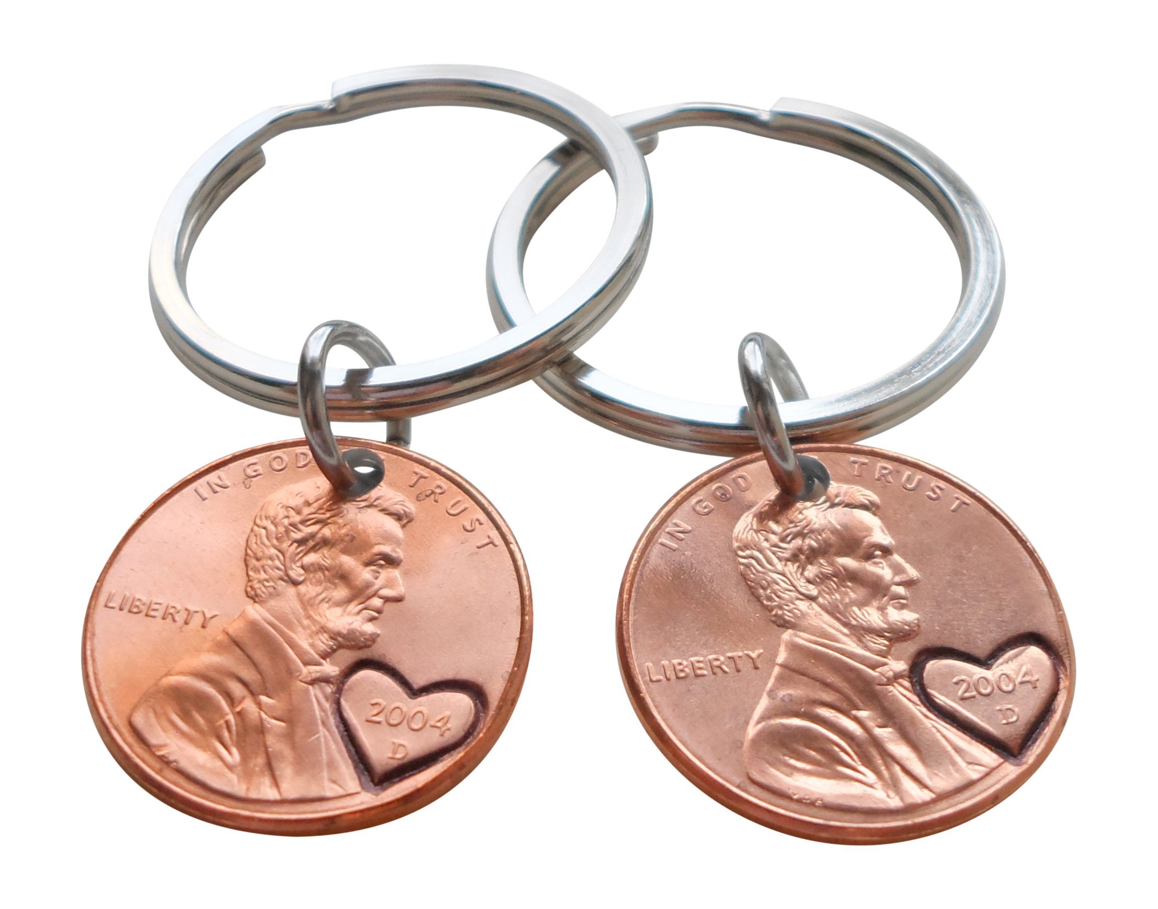 2004 Double Heart Penny Keychains Set - Engraved Couples Anniversary Gift for 21 Years, Perfect for Romantic Keepsakes & Special Occasions