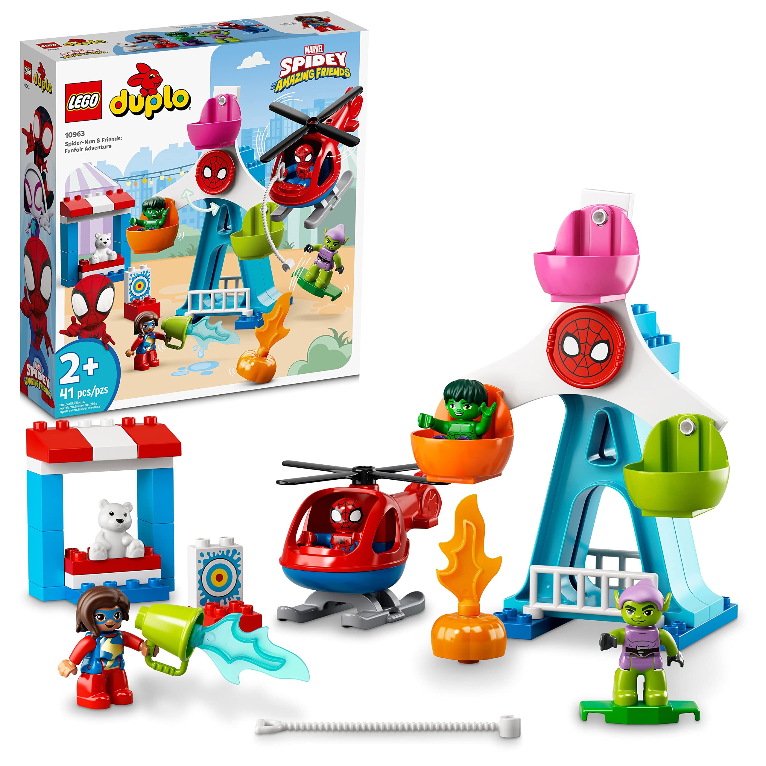 LEGO DUPLO Marvel Spider-Man & Friends: Funfair Adventure 10963 Building Toy Set with Helicopter, Spidey & Hulk Figures – Interactive Fairground Playset for Toddlers, Boys & Girls Ages 2+ – Creative Play, Birthday Gift & Early Learning Activity