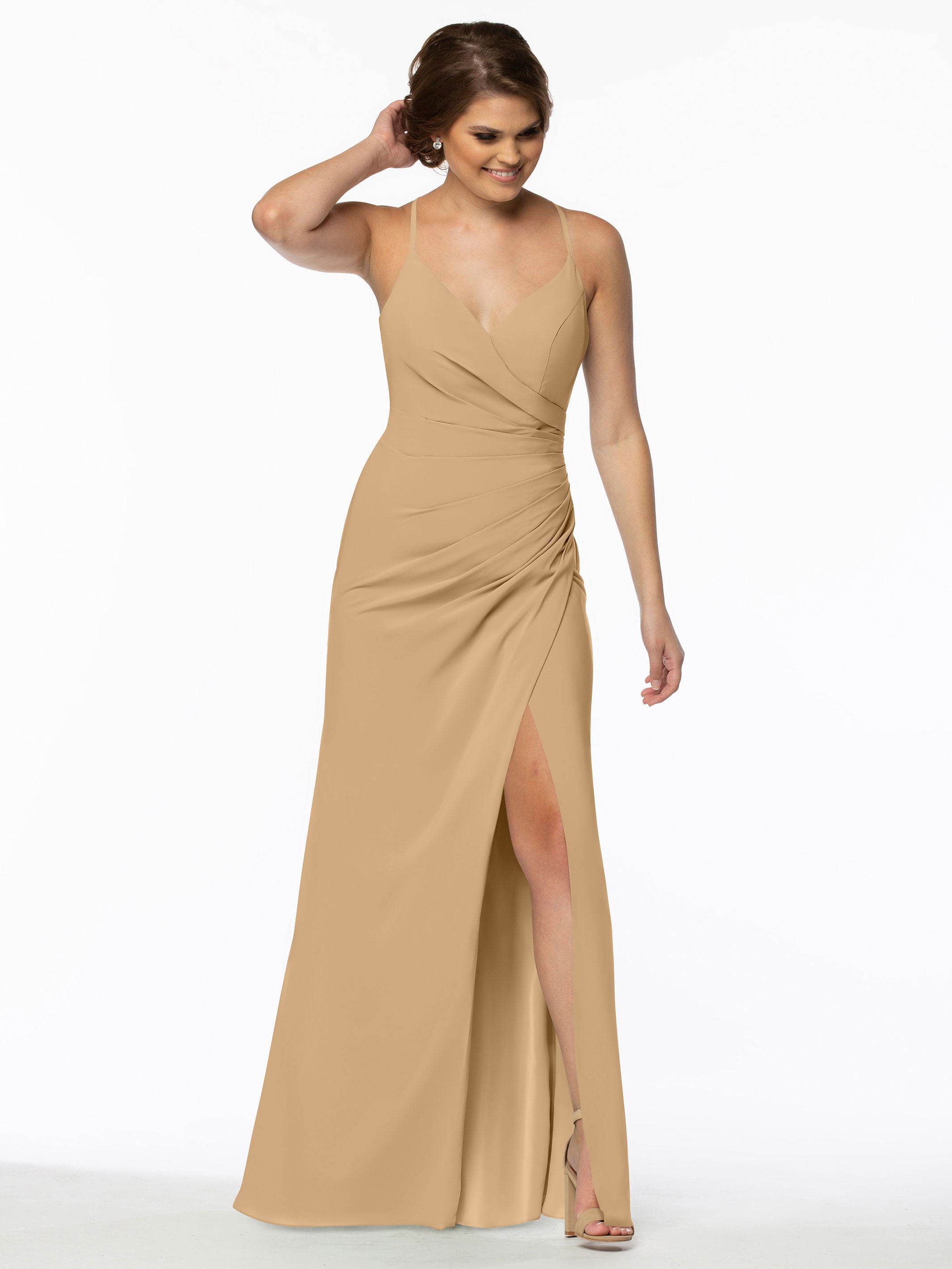 Elegant 80114 Stretch Chiffon Sheath Bridesmaid Dress with Ruching and High Slit - Perfect for Weddings, Formal Events & Evening Parties