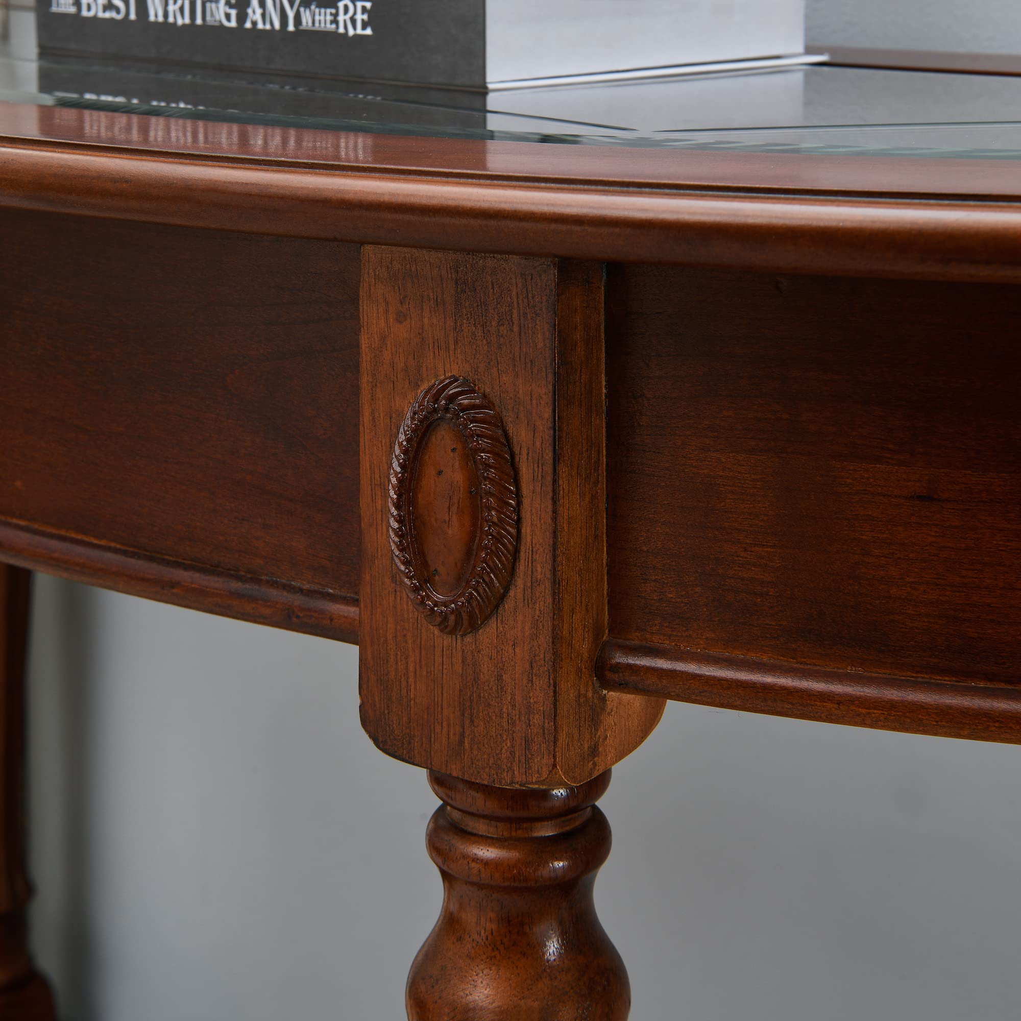 LEEMTORIG Demi Lune Console Table - Solid Cherry Wood with Glass Top | Traditional Victorian Antique Sofa Table for Entryway, Living Room & Hallway | Elegant Home Decor for Small Spaces & Narrow Areas (Model: SFZ-1533-GT)