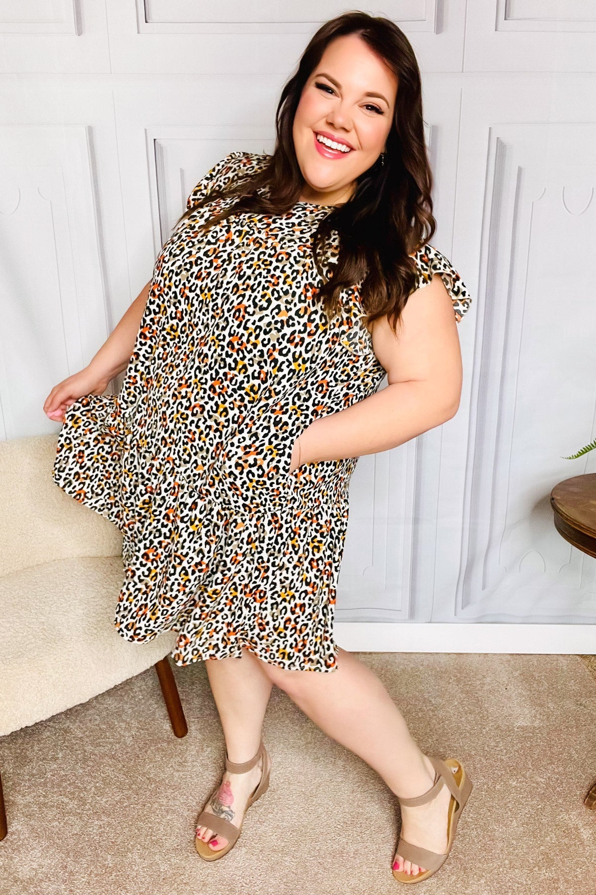 Stylish Taupe Leopard Print Tiered Ruffle Sleeve Woven Dress for Women | Elegant Party, Date Night & Special Occasion Outfit