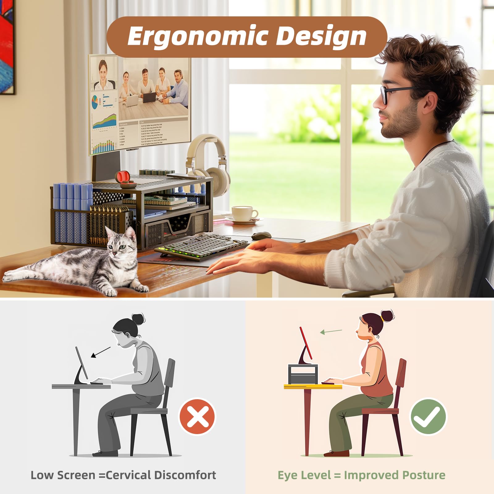 2-Tier Metal Monitor Stand & Desk Organizer with Drawer - Black | Ergonomic Riser for Laptop, Computer, iMac | Perfect for Home Office, Gaming Setup & Workspace Organization