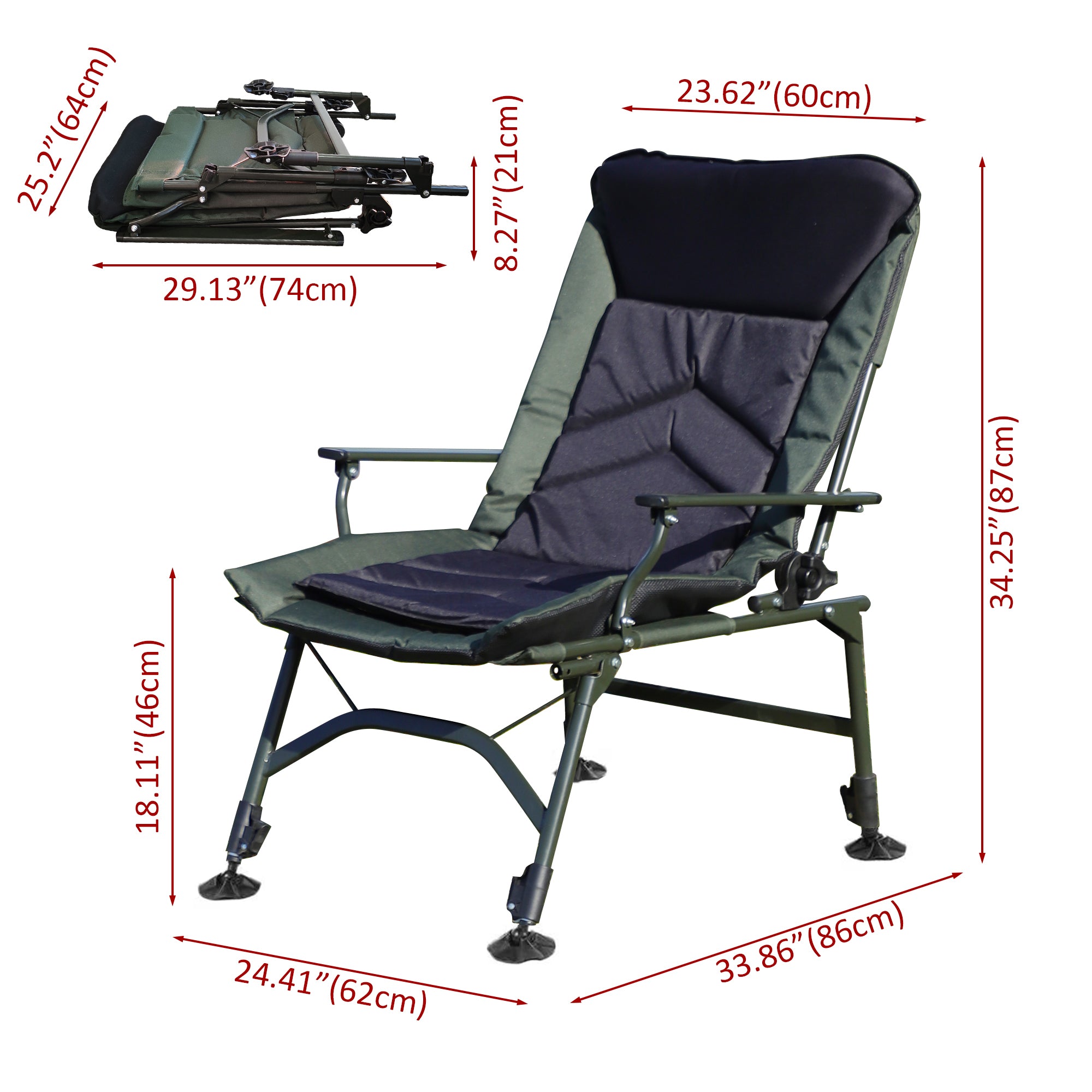 Portable Folding Reclining Camping Chair with Adjustable Backrest - Lightweight Outdoor Lounge Chair for Camping, Beach, Hiking, Fishing, Picnics & Backyard Relaxation (Green & Black)