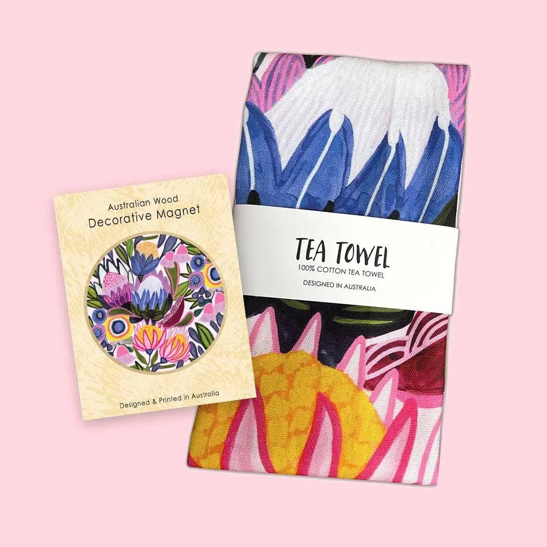 Premium Protea Magnifica Tea Towel & Fridge Magnet Set - Elegant Home Decor Gift for Kitchen & Housewarming - Perfect for South African Floral Theme Decorations